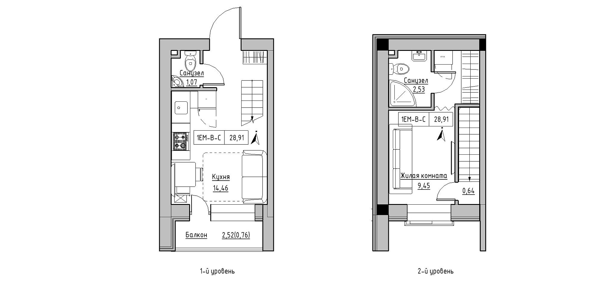 Planning 2-lvl flats area 28.91m2, KS-020-05/0006.