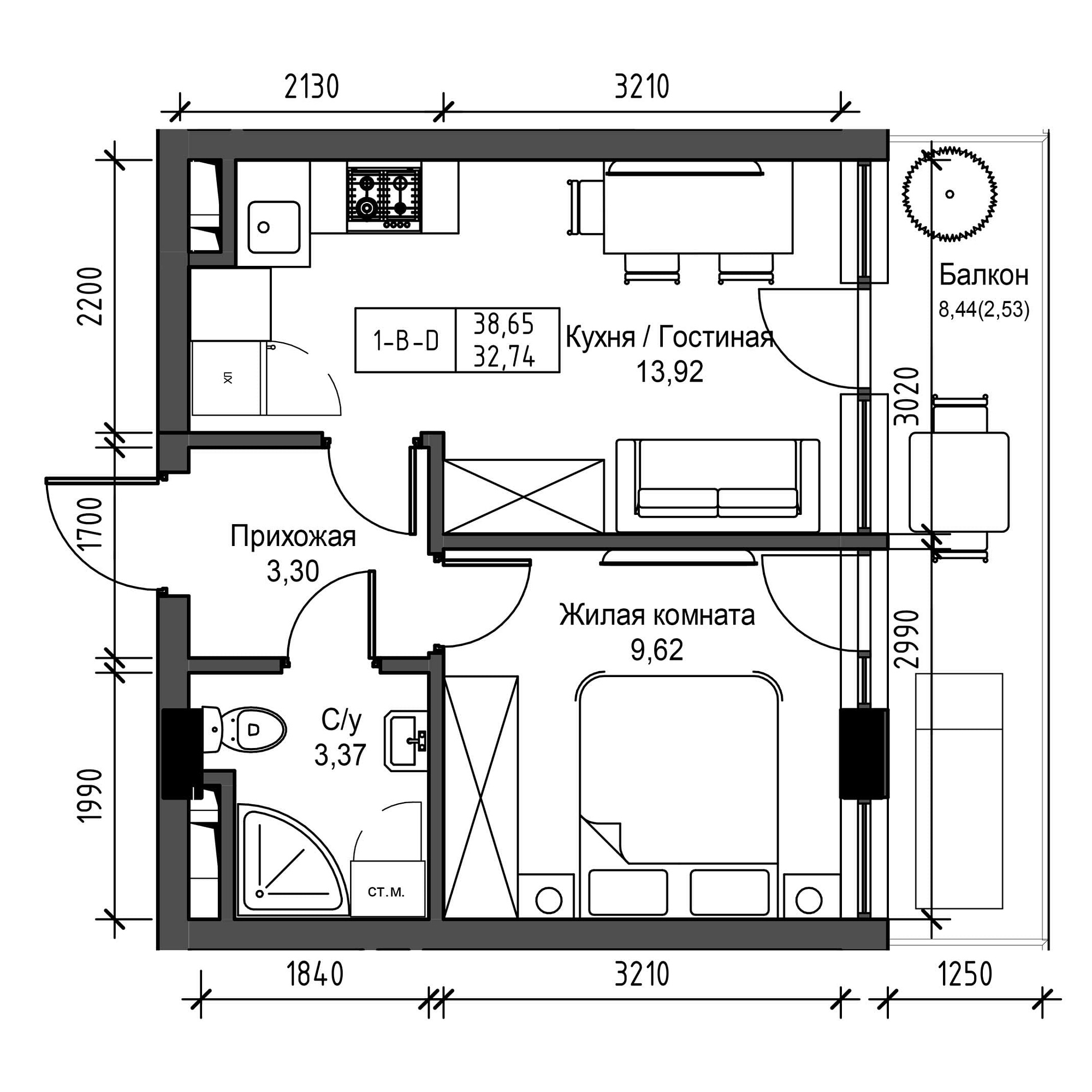 Планування 1-к квартира площею 32.74м2, UM-001-05/0022.