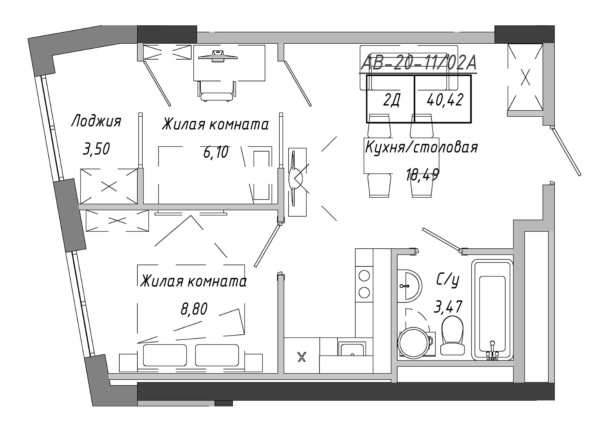 Планировка 2-к квартира площей 41.9м2, AB-20-11/0002а.