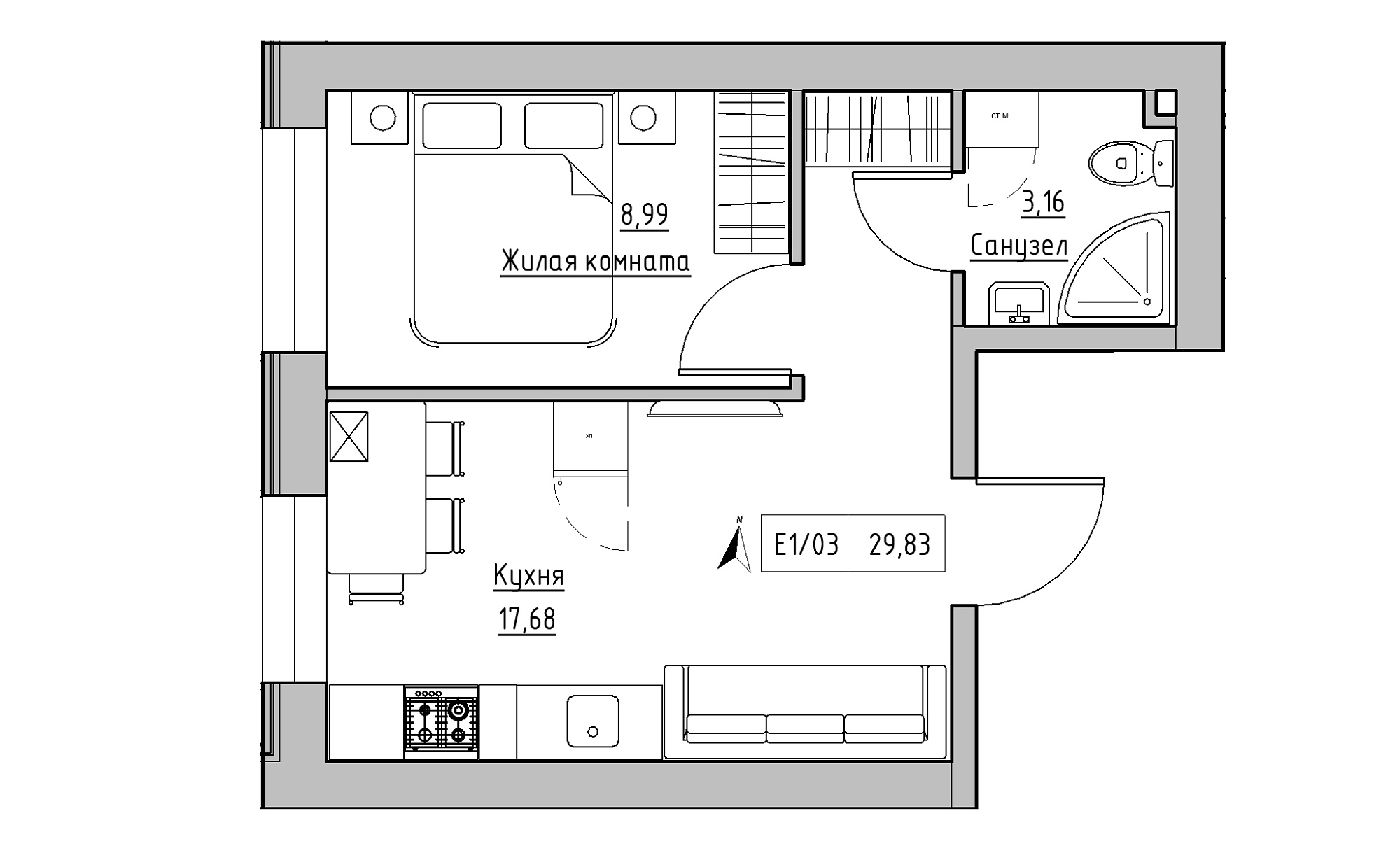 Planning 1-rm flats area 29.83m2, KS-015-01/0003.
