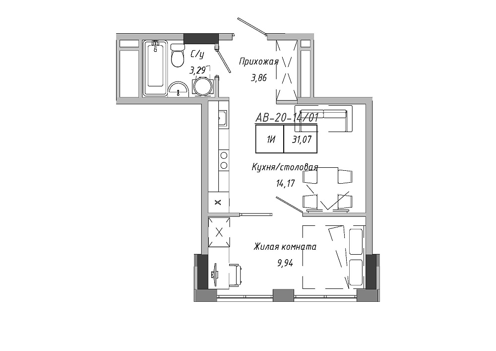 Планування 1-к квартира площею 31.07м2, 9f6ae8a5-a23f-11ed-bab4-00155d42e31d.