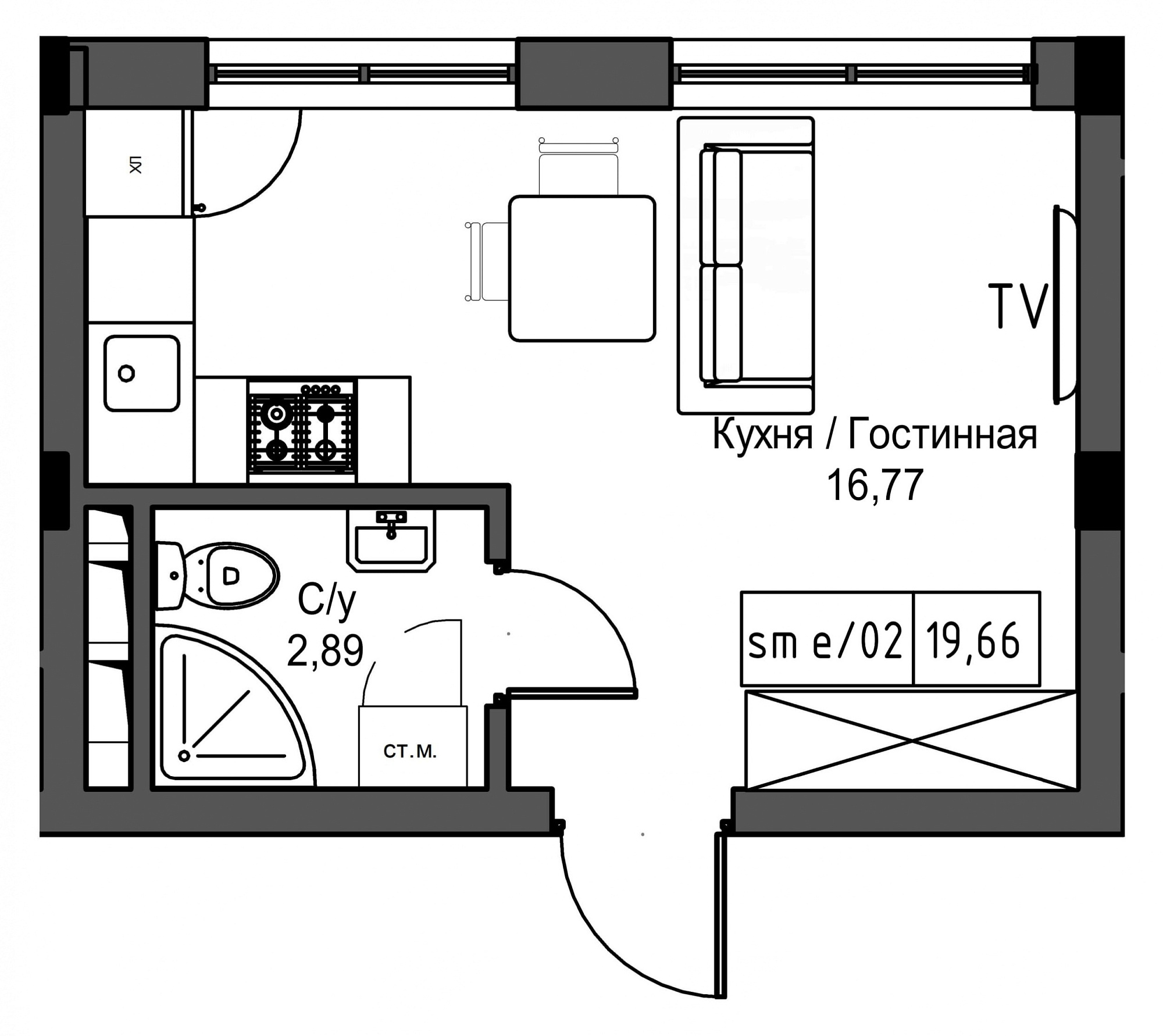 Планування Smart-квартира площею 19.66м2, UM-002-05/0043.