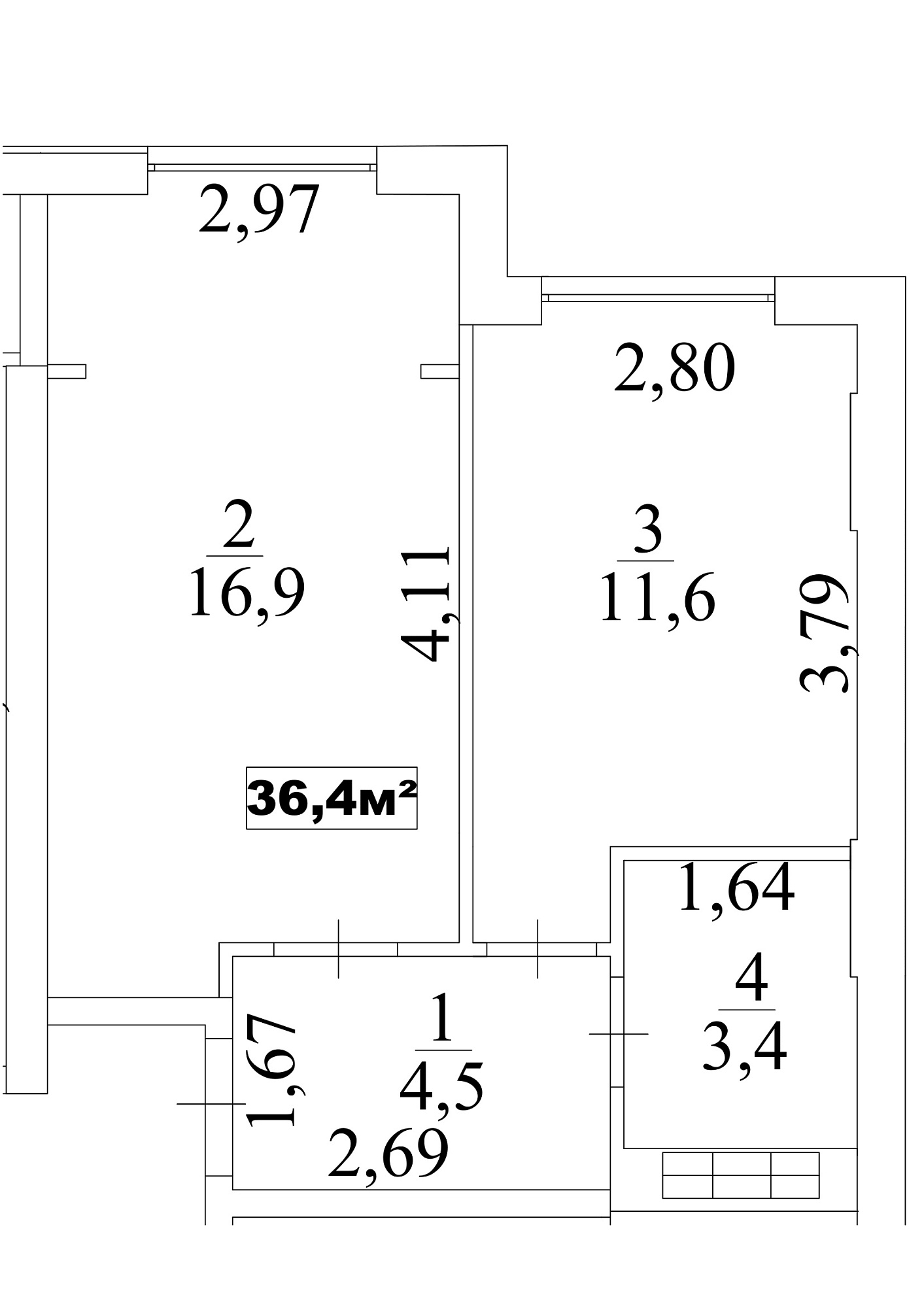 Планировка 1-к квартира площей 36.4м2, AB-10-05/0043б.