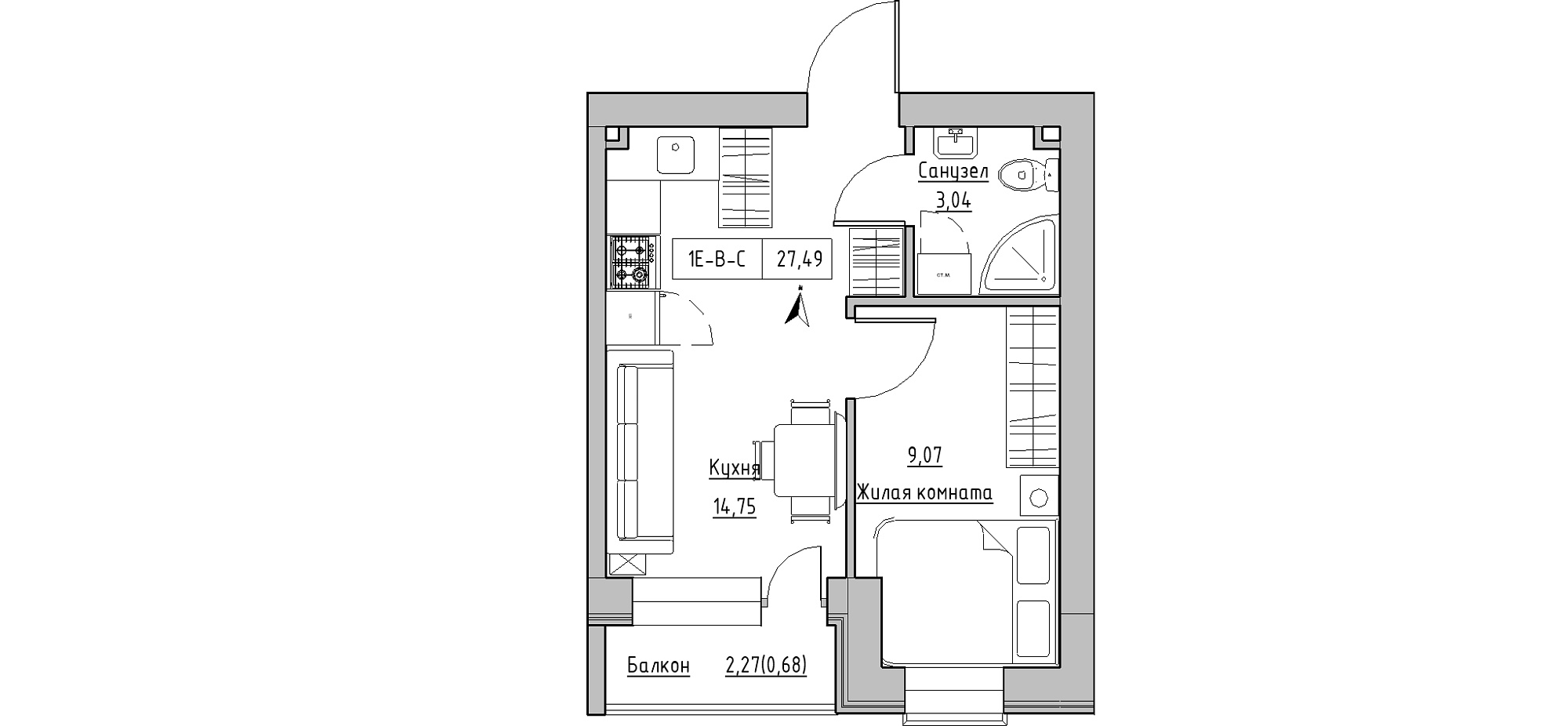 Планировка 1-к квартира площей 27.49м2, KS-020-05/0007.