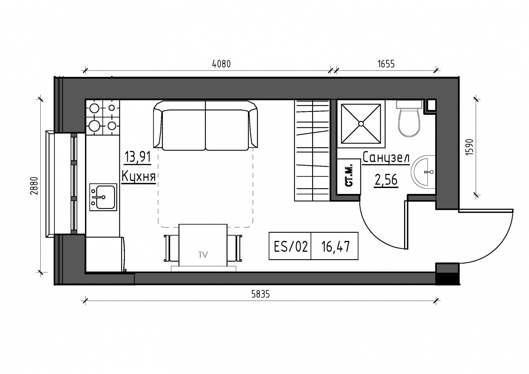 Планування Smart-квартира площею 16.47м2, KS-012-03/0011.
