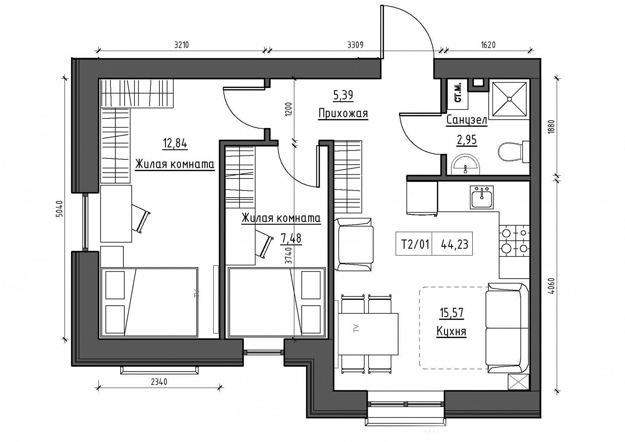 Планировка 2-к квартира площей 44.23м2, KS-012-01/0008.