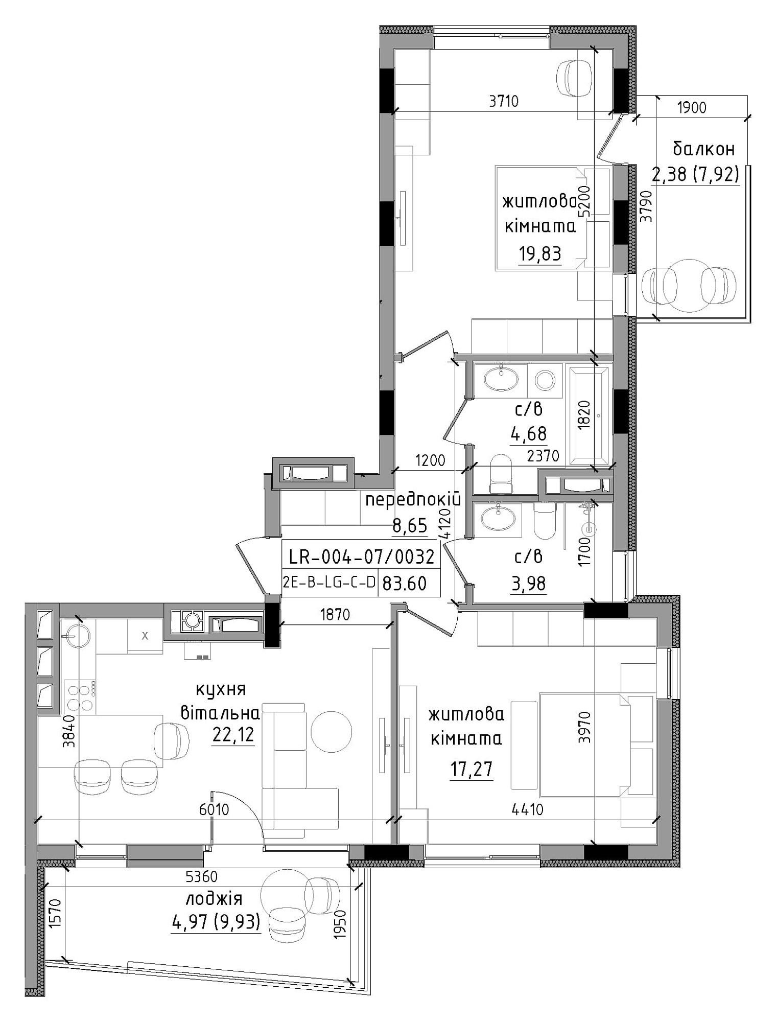 Планировка 2-к квартира площей 83.6м2, LR-004-07/0032.