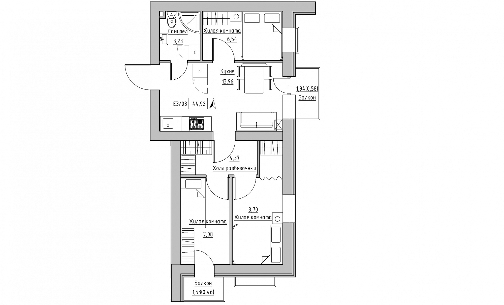 Планування 3-к квартира площею 44.92м2, KS-015-05/0008.