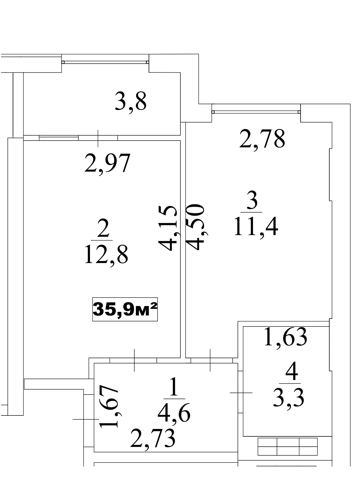 Планировка 1-к квартира площей 35.9м2, AB-10-02/0016б.