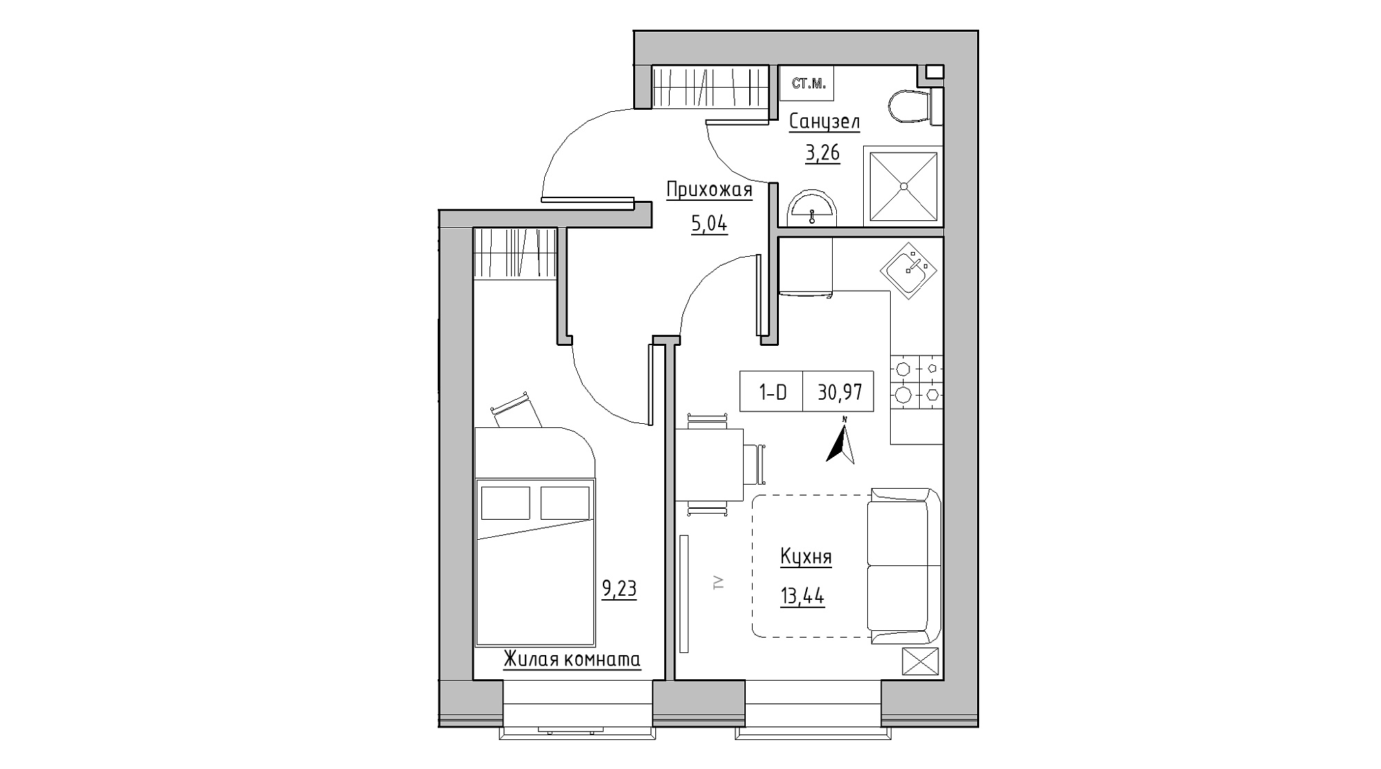 Планировка 1-к квартира площей 30.97м2, KS-013-01/0011.
