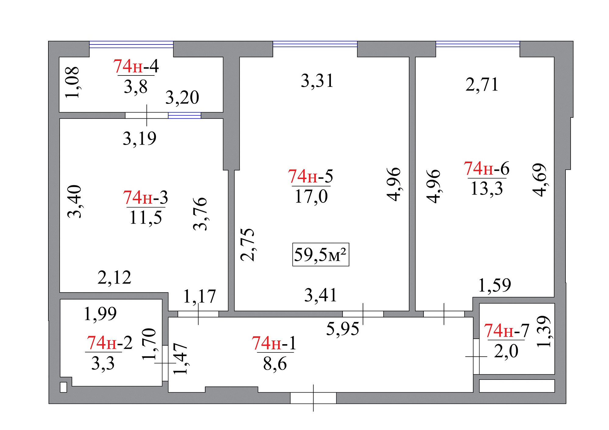 Планування 2-к квартира площею 59.5м2, AB-07-08/00067.