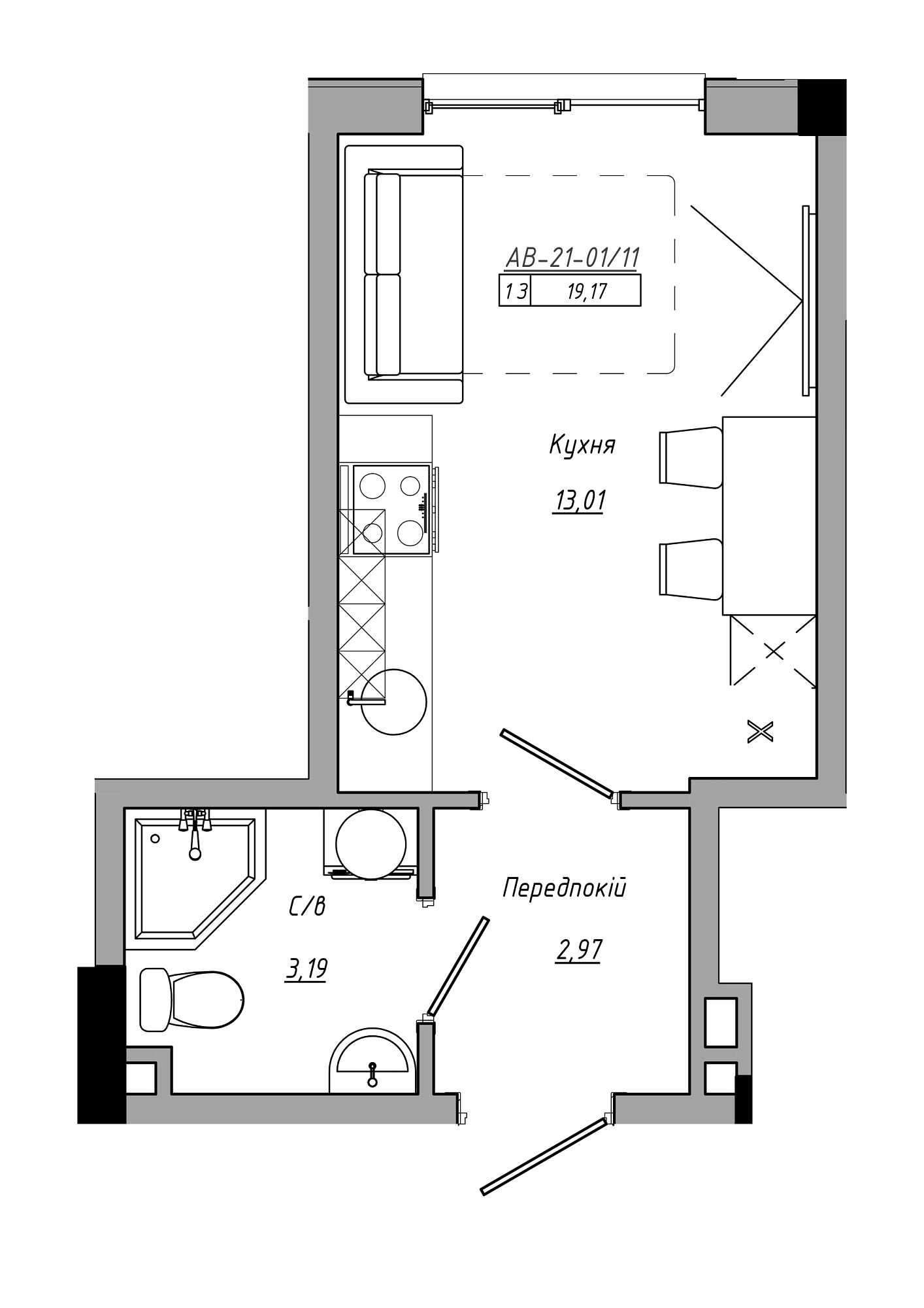 Планування Smart-квартира площею 19.17м2, AB-21-01/00011.