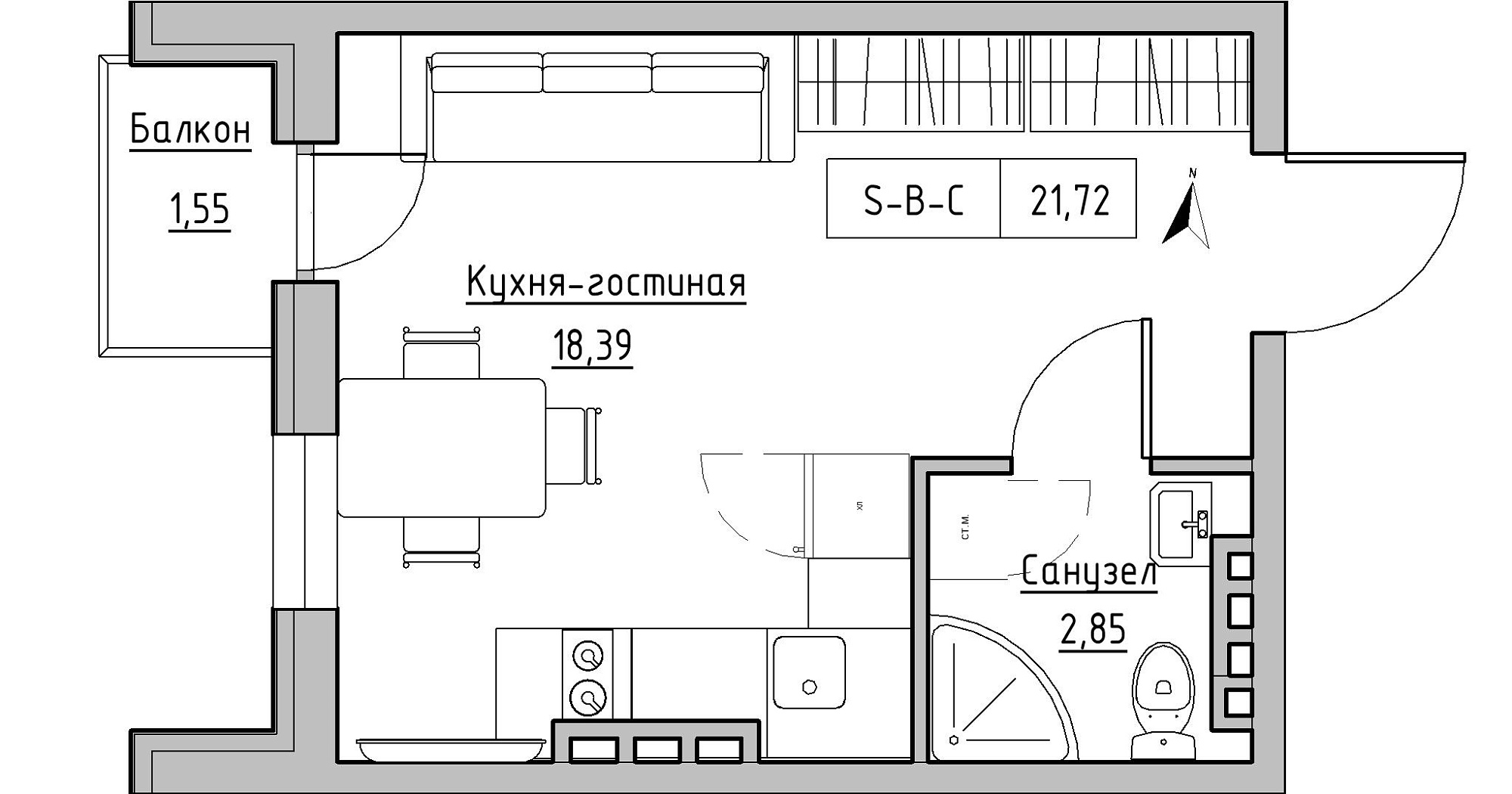 Планування Smart-квартира площею 21.72м2, KS-024-04/0012.