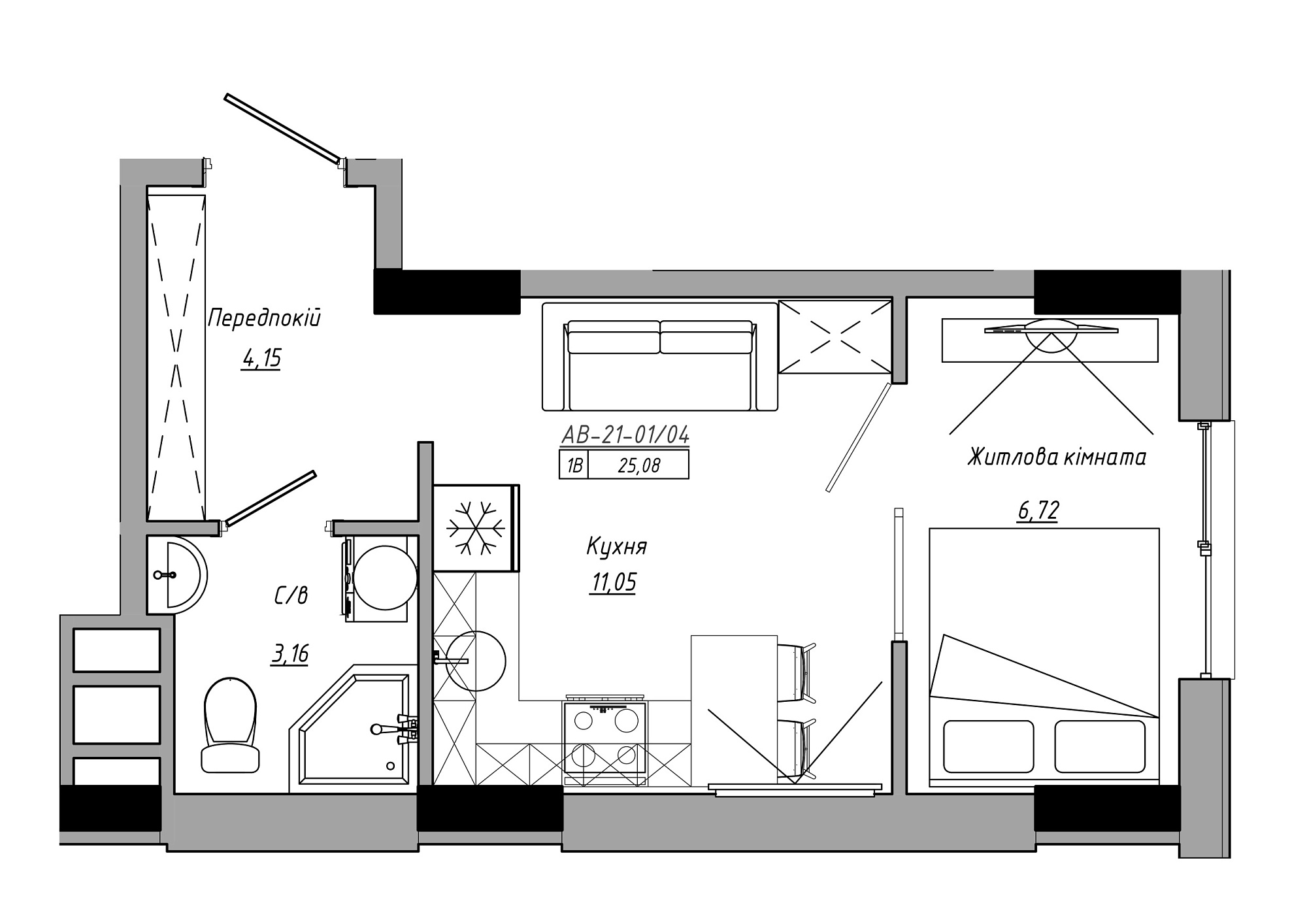 Планування 1-к квартира площею 25.08м2, AB-21-01/00004.