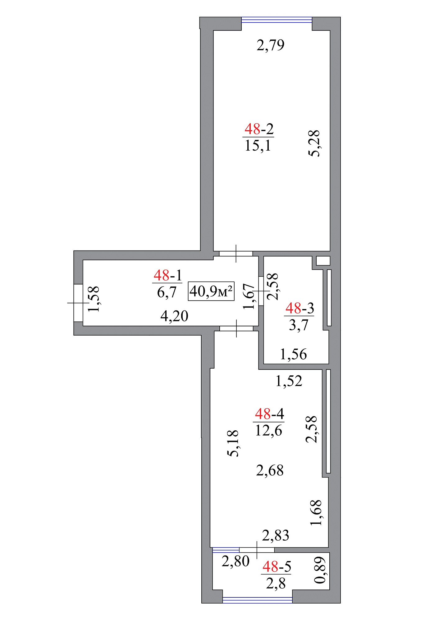 Планировка 1-к квартира площей 40.9м2, AB-07-05/0043б.