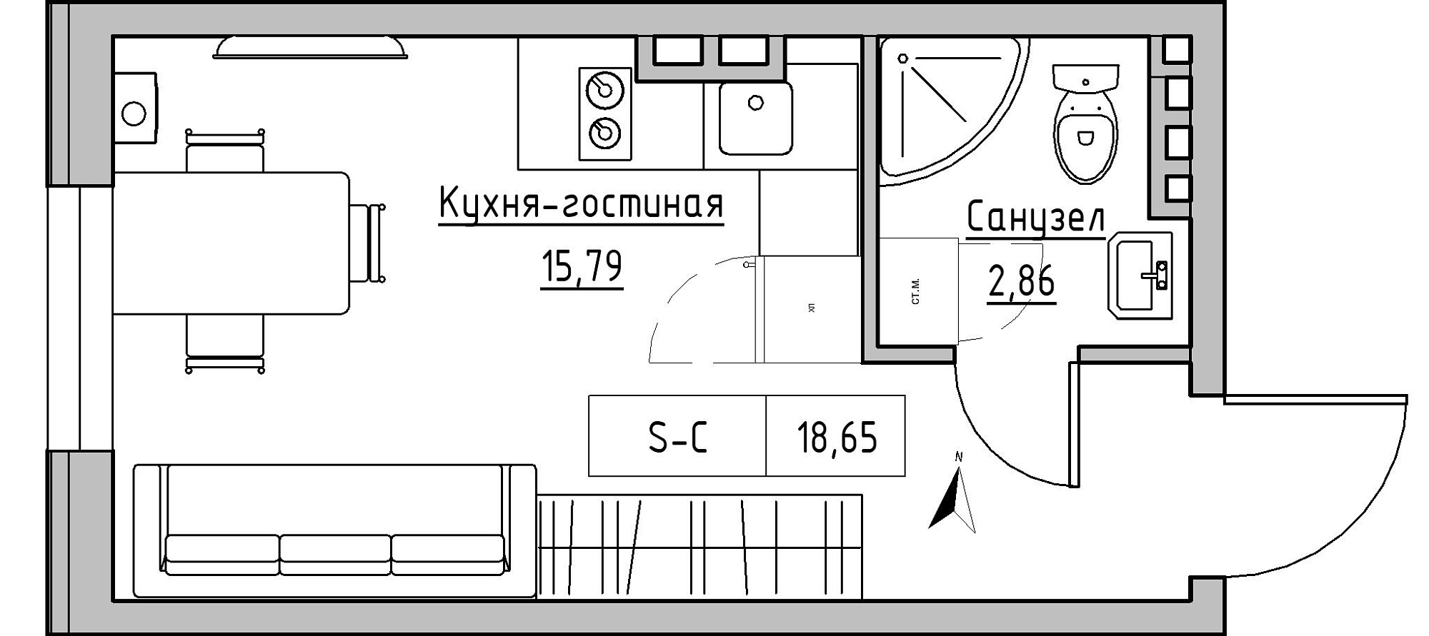 Планування Smart-квартира площею 18.65м2, KS-024-02/0011.