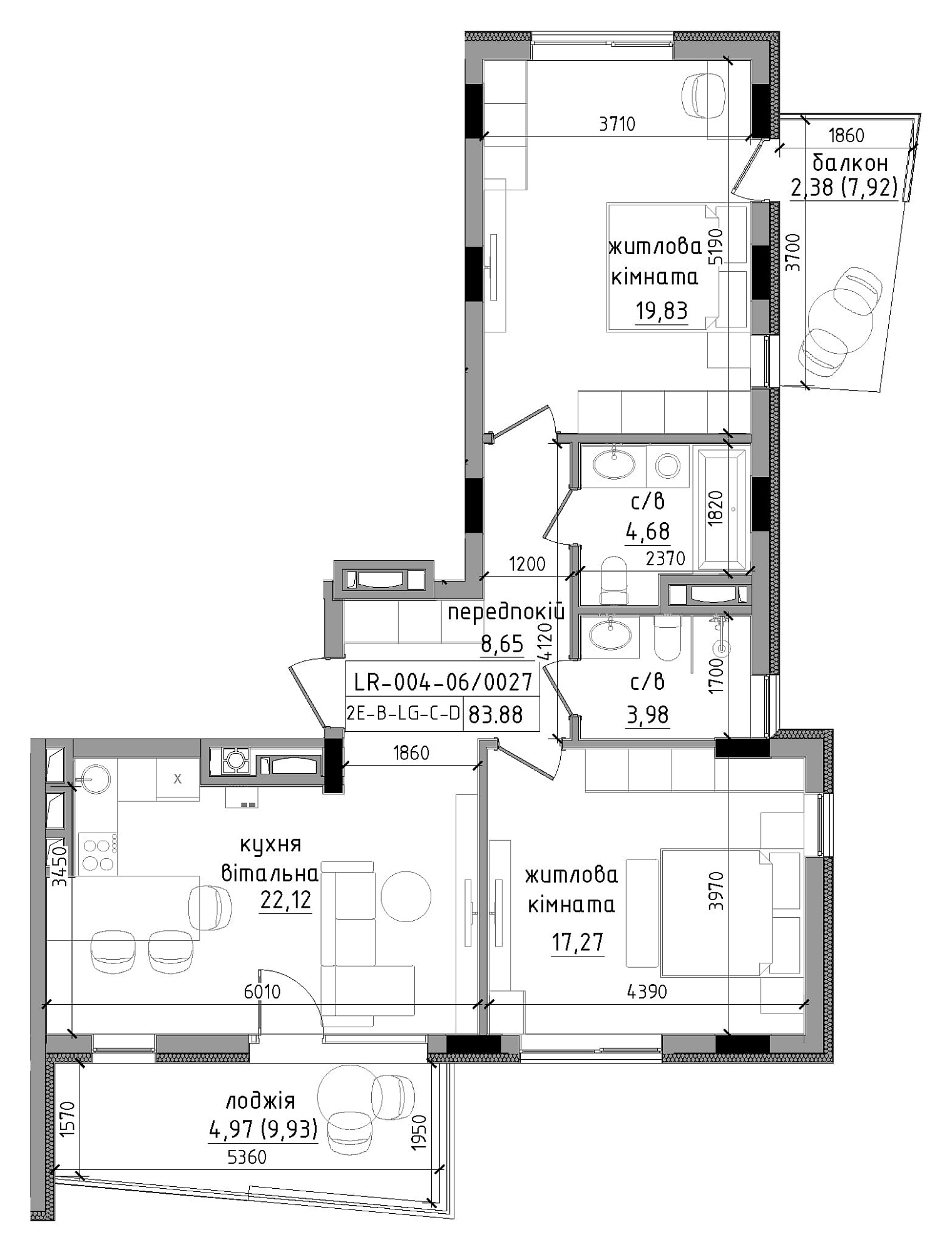Planning 2-rm flats area 83.88m2, LR-004-06/0027.