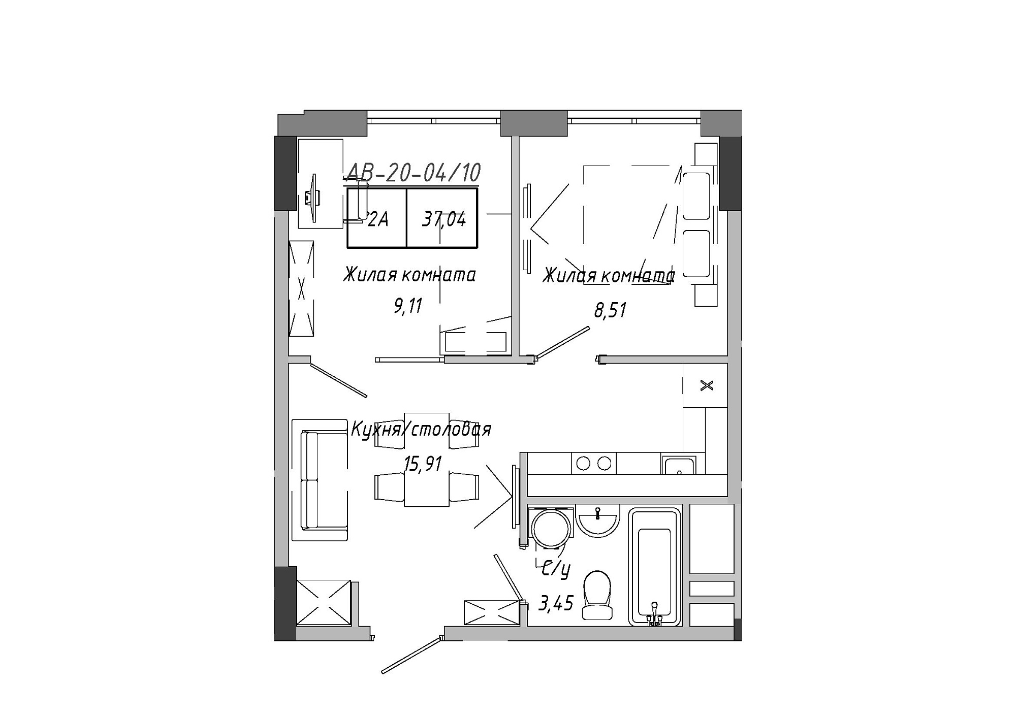 Планування 2-к квартира площею 37.04м2, AB-20-04/00010.