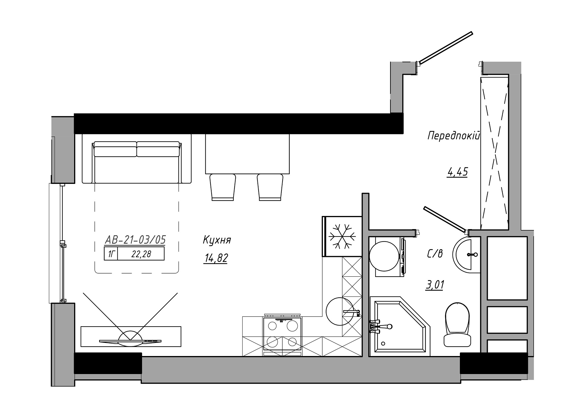 Планування Smart-квартира площею 22.28м2, AB-21-03/00005.