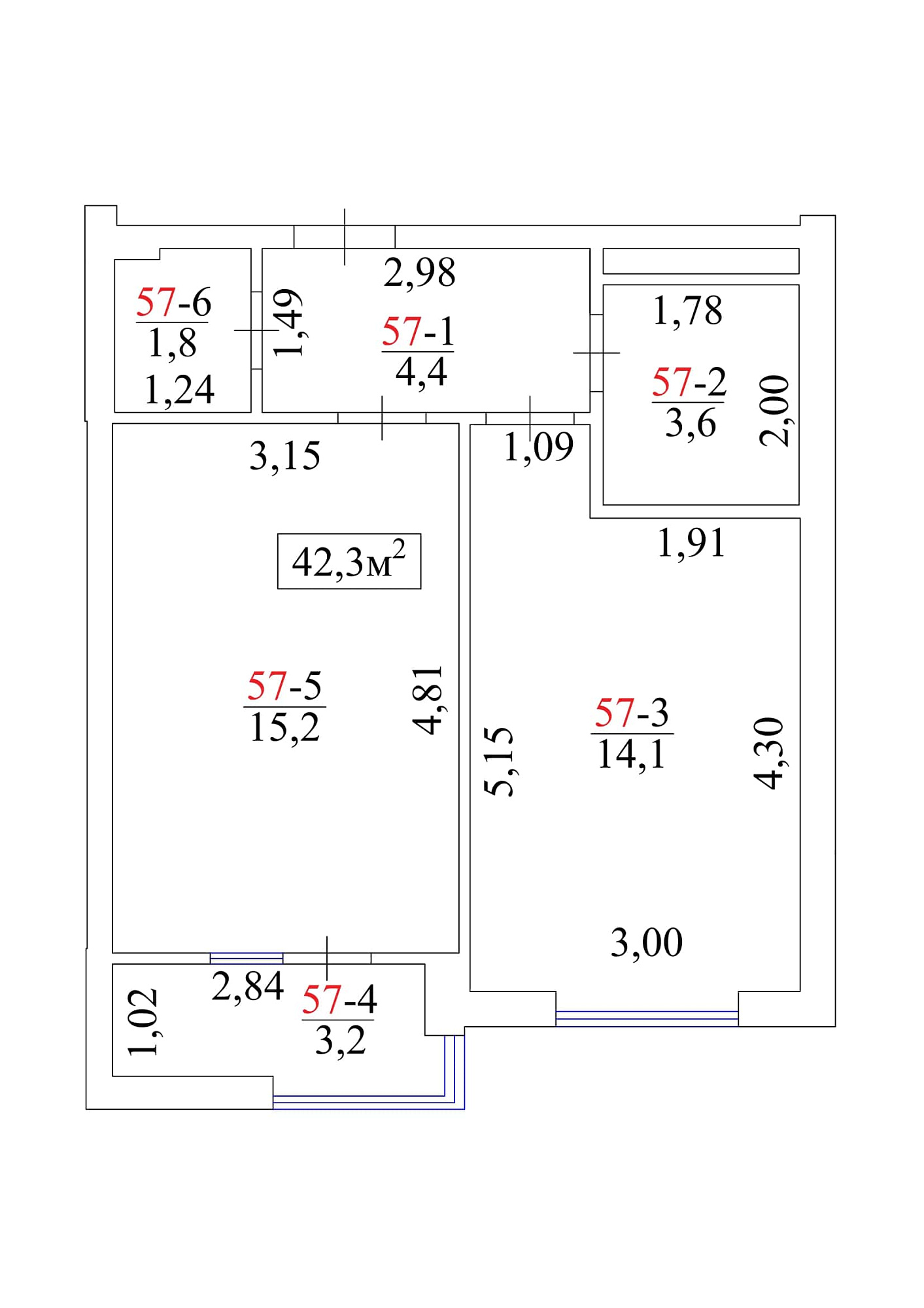 Планировка 1-к квартира площей 42.3м2, AB-01-07/00054.