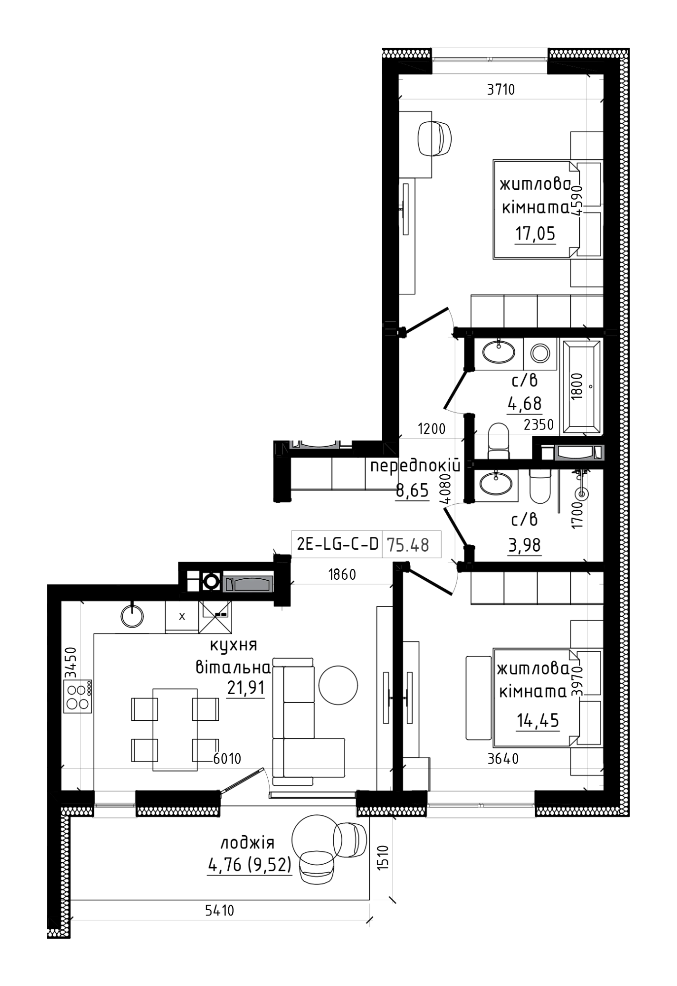 Планировка 2-к квартира площей 75.48м2, LR-004-07/0005.