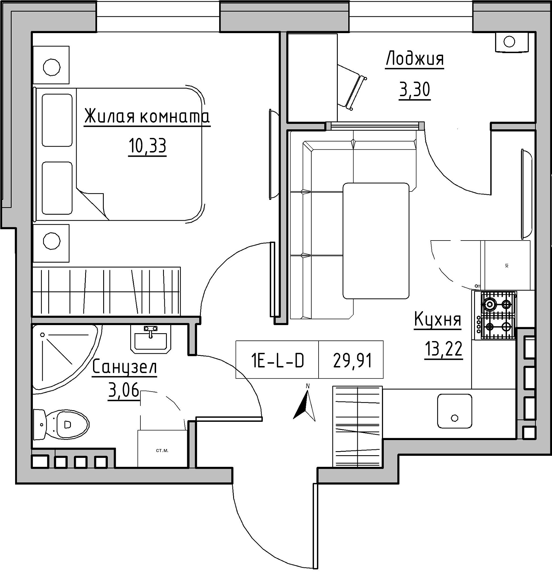 Планировка 1-к квартира площей 29.91м2, KS-024-03/0001.