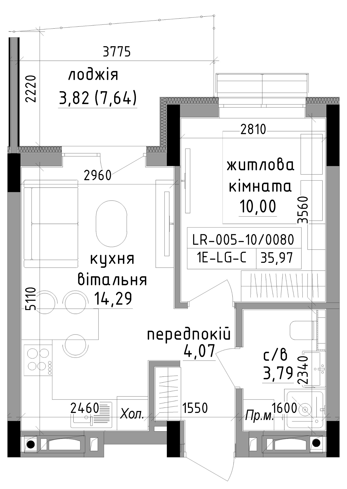 Planning 1-rm flats area 35.97m2, LR-005-10/0080.