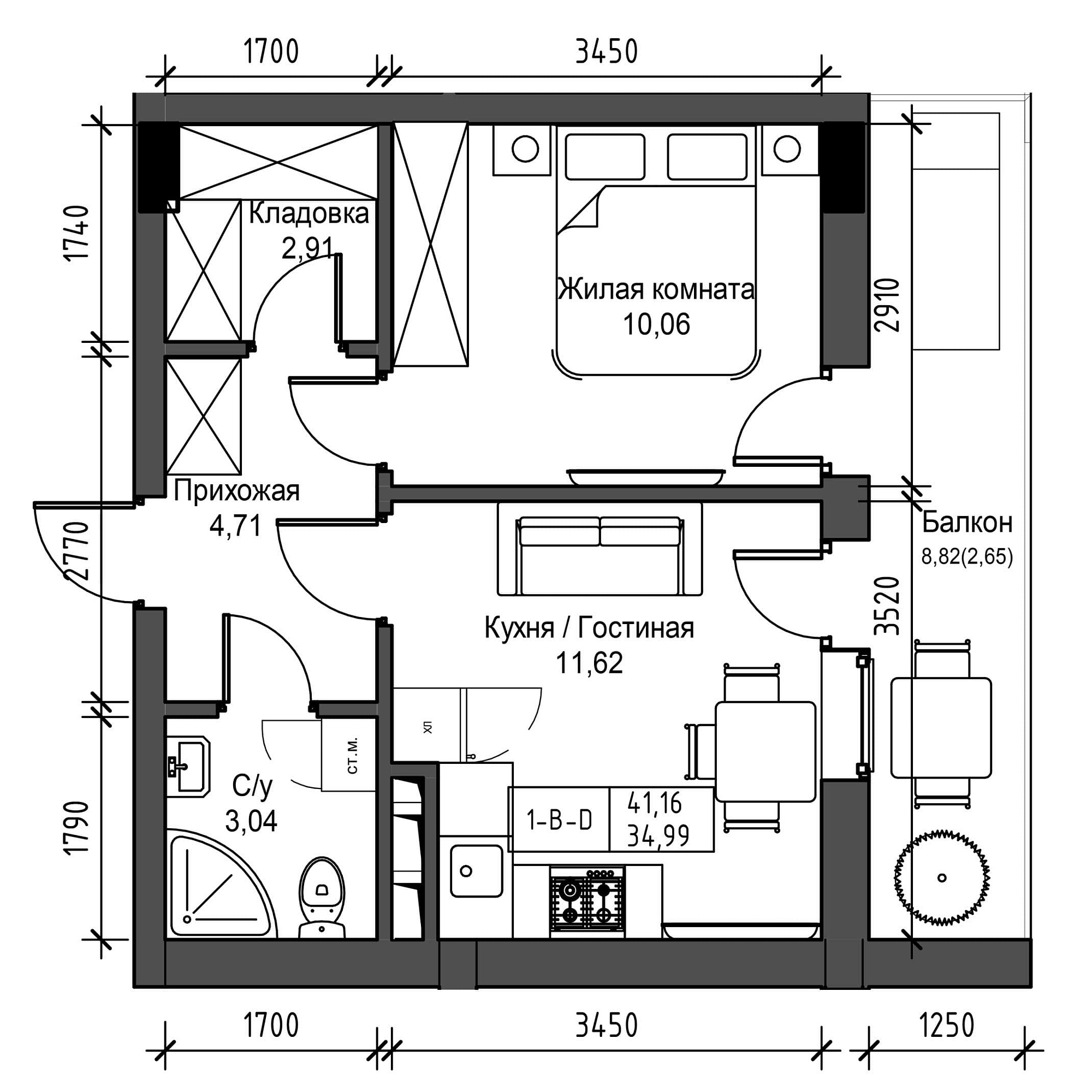 Планировка 1-к квартира площей 34.99м2, UM-001-09/0024.