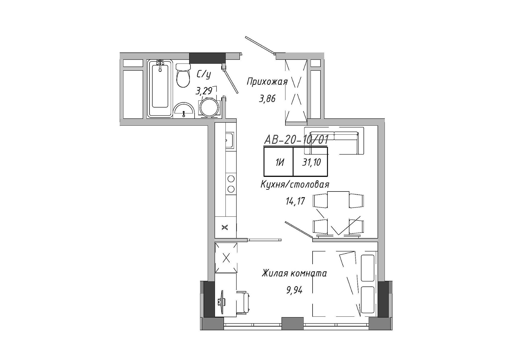 Планировка 1-к квартира площей 30.28м2, AB-20-10/00001.
