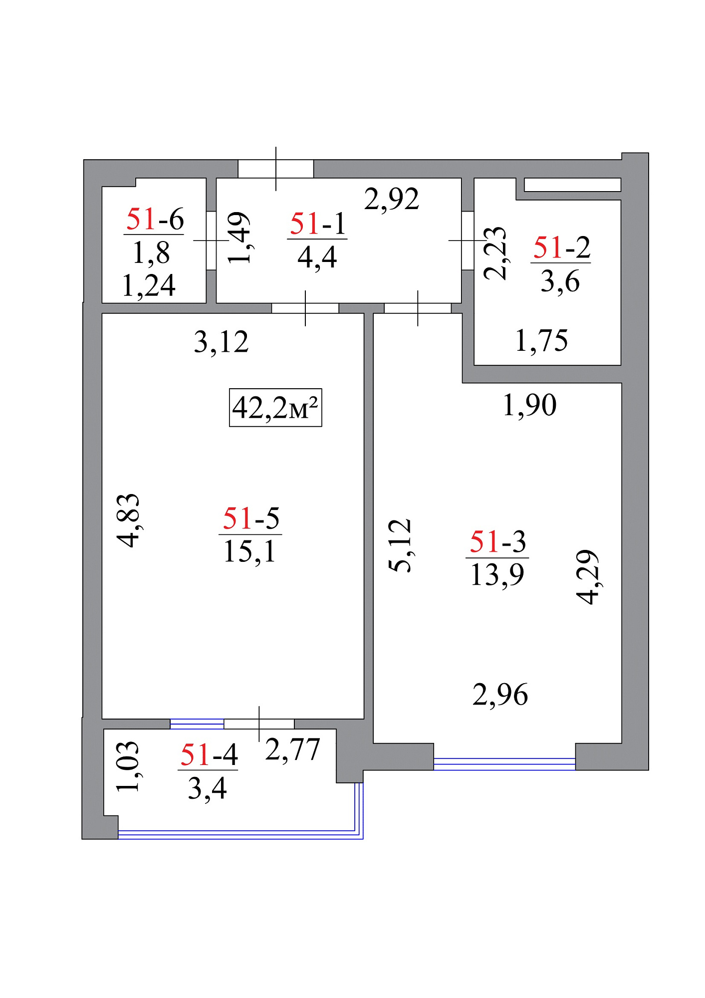 Планировка 1-к квартира площей 42.2м2, AB-07-06/00046.