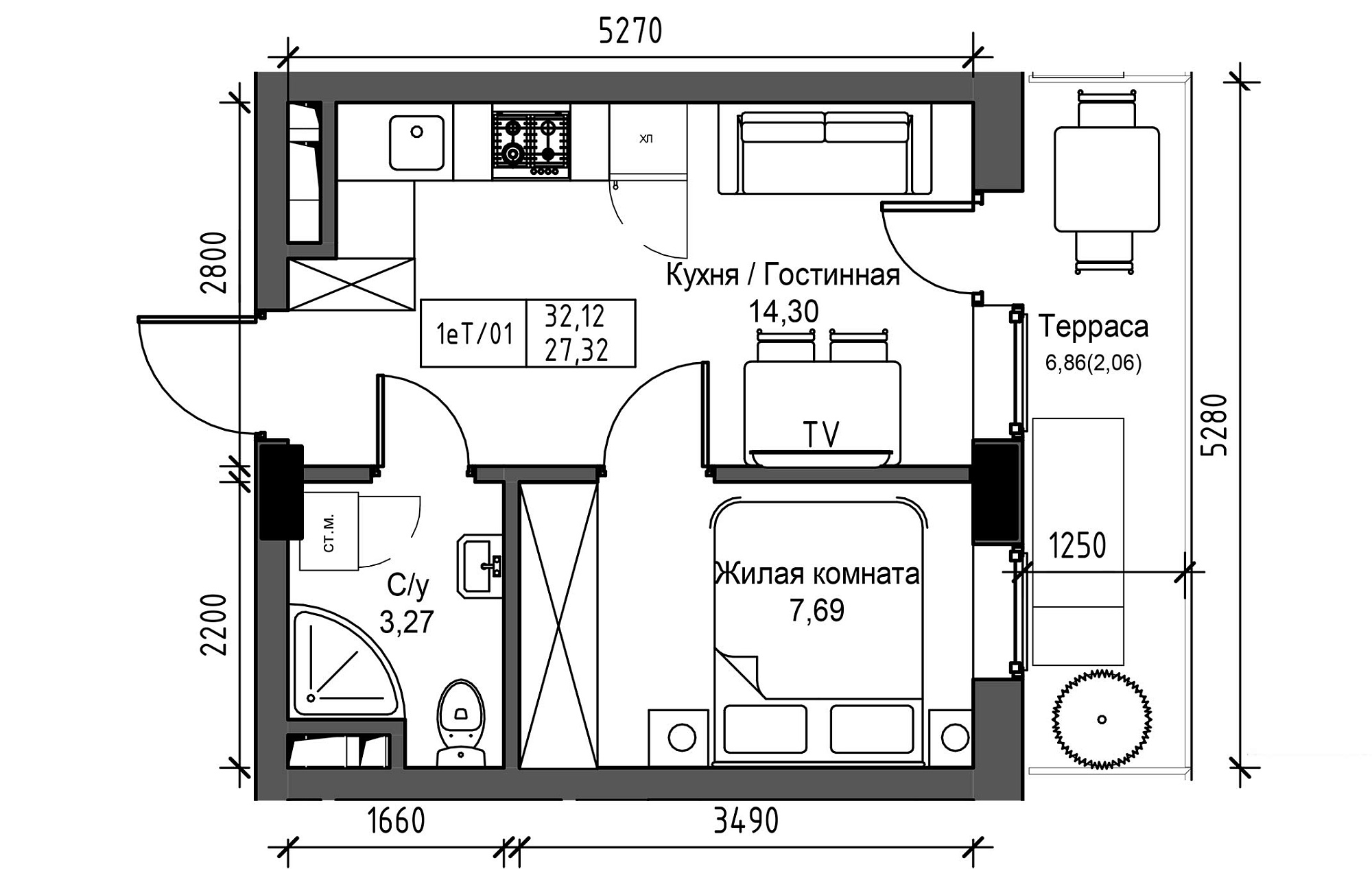 Планування 1-к квартира площею 27.32м2, UM-003-04/0021.