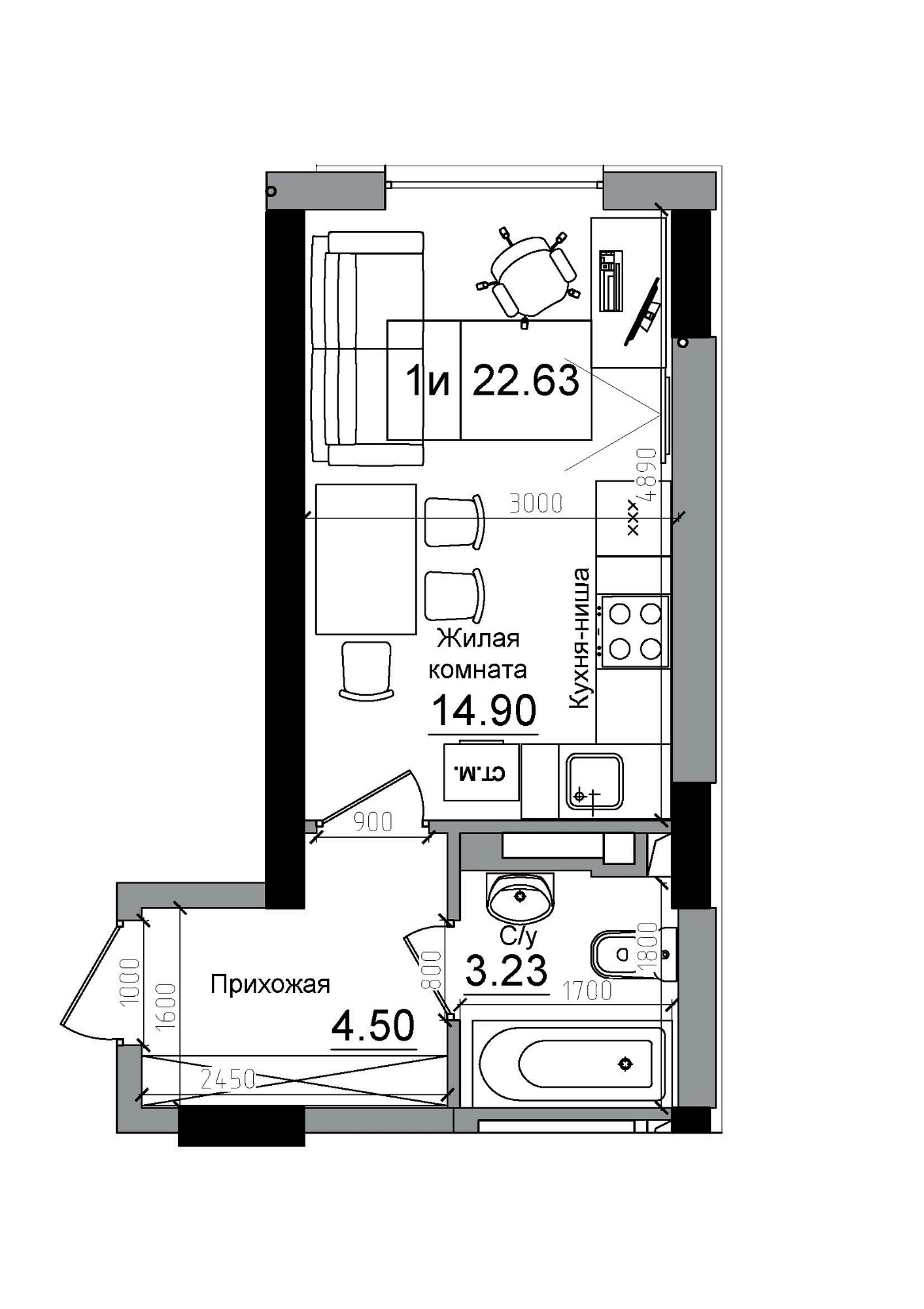 Планування Smart-квартира площею 22.63м2, AB-12-07/00011.