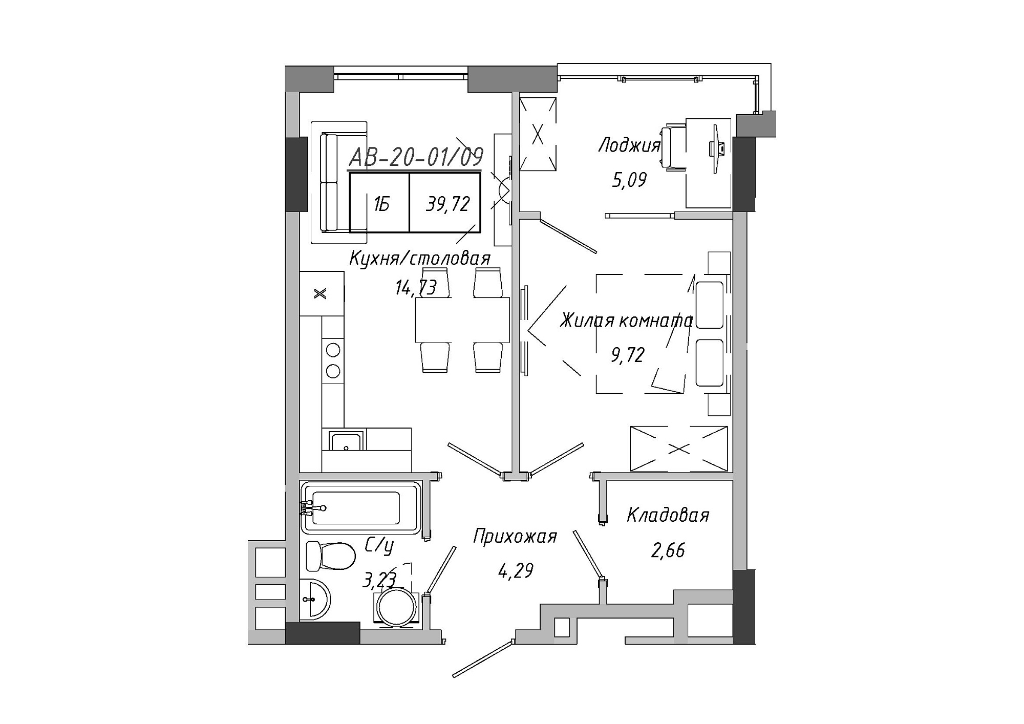 Планування 1-к квартира площею 39.72м2, AB-20-01/00009.