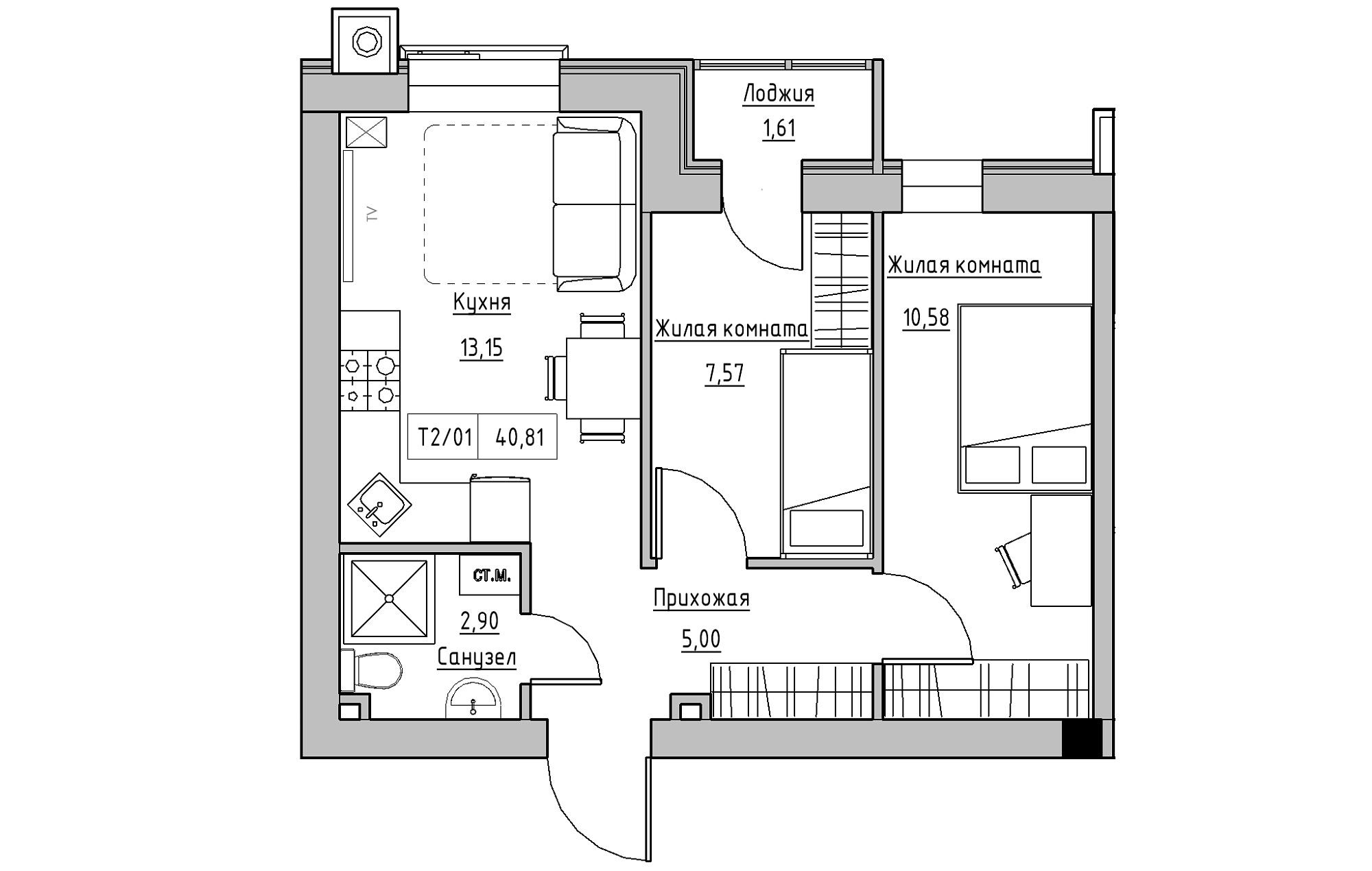 Планування 2-к квартира площею 40.81м2, KS-013-01/0009.