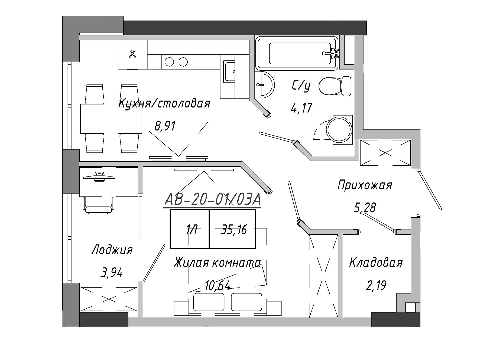 Планування 1-к квартира площею 35.16м2, AB-20-01/0003а.
