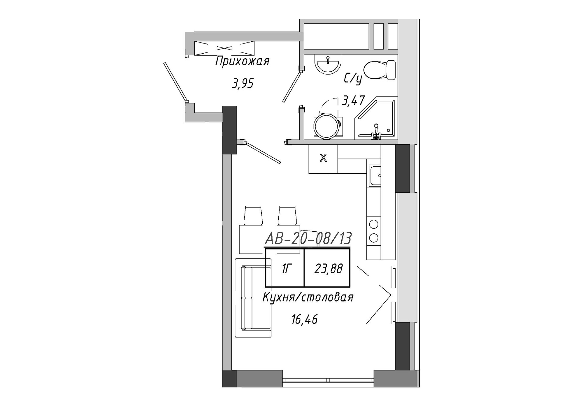 Планування Smart-квартира площею 23.4м2, AB-20-08/00013.