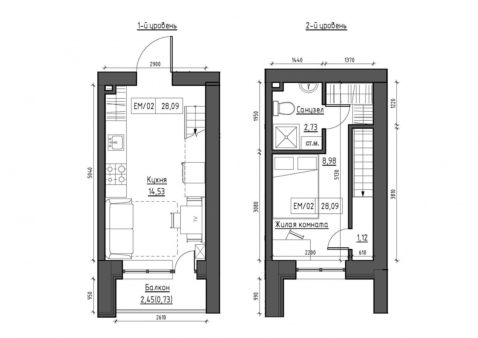 Planning 2-lvl flats area 28.09m2, KS-011-05/0009.