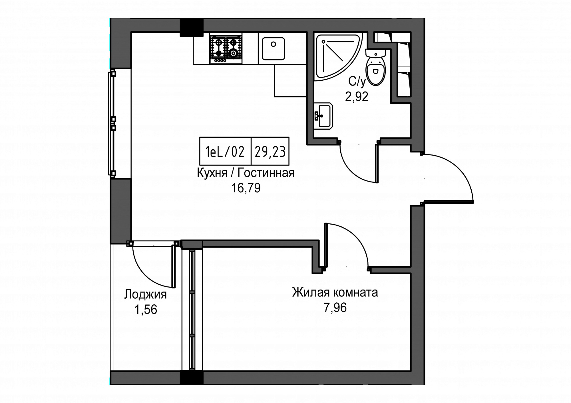 Планировка 1-к квартира площей 29.23м2, UM-002-02/0098.