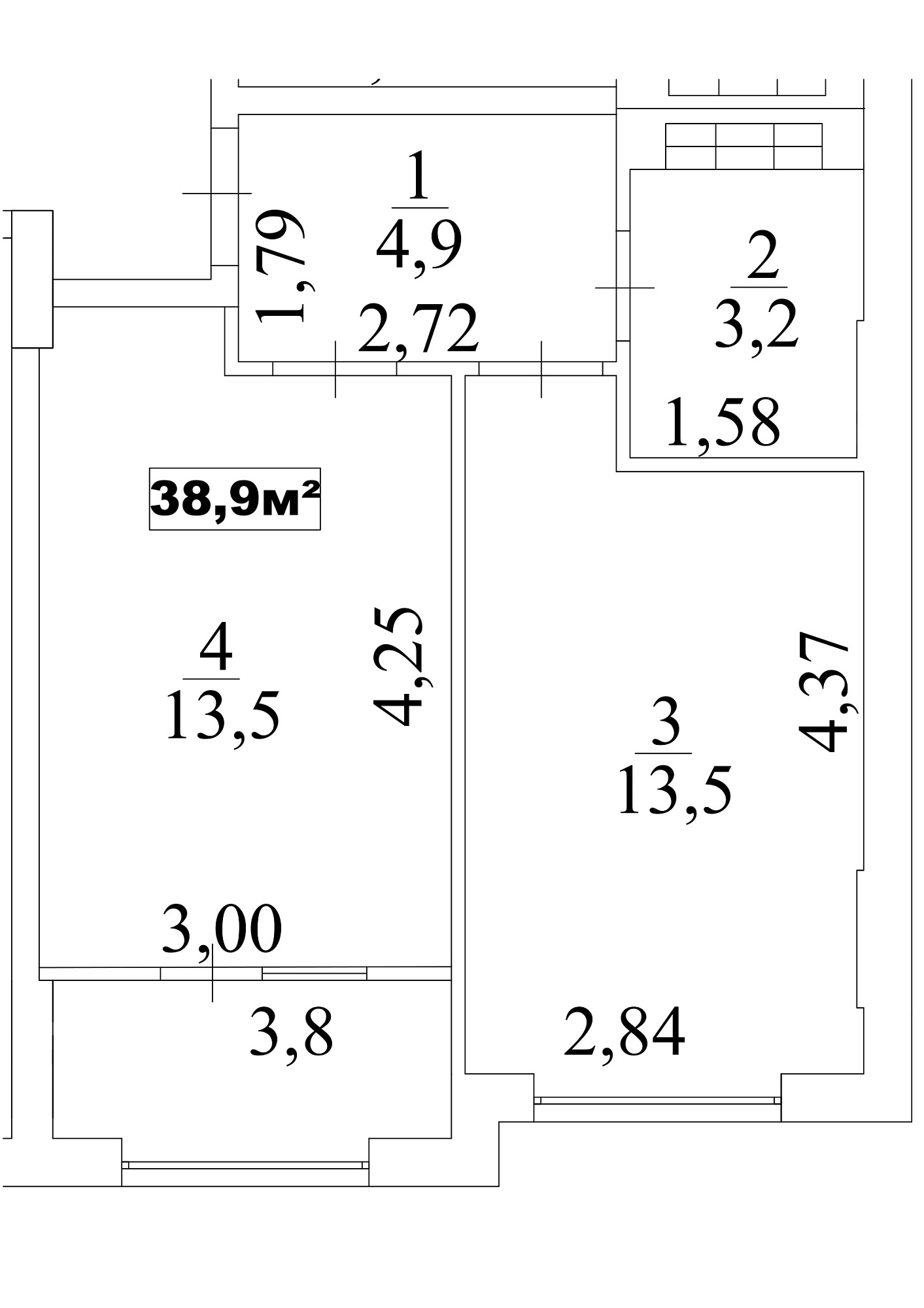 Планировка 1-к квартира площей 38.9м2, AB-10-07/0061в.