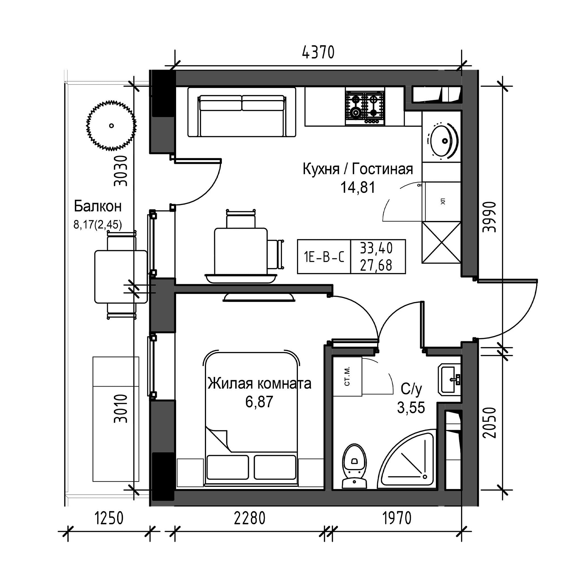 Планування 1-к квартира площею 27.68м2, UM-001-04/0019.