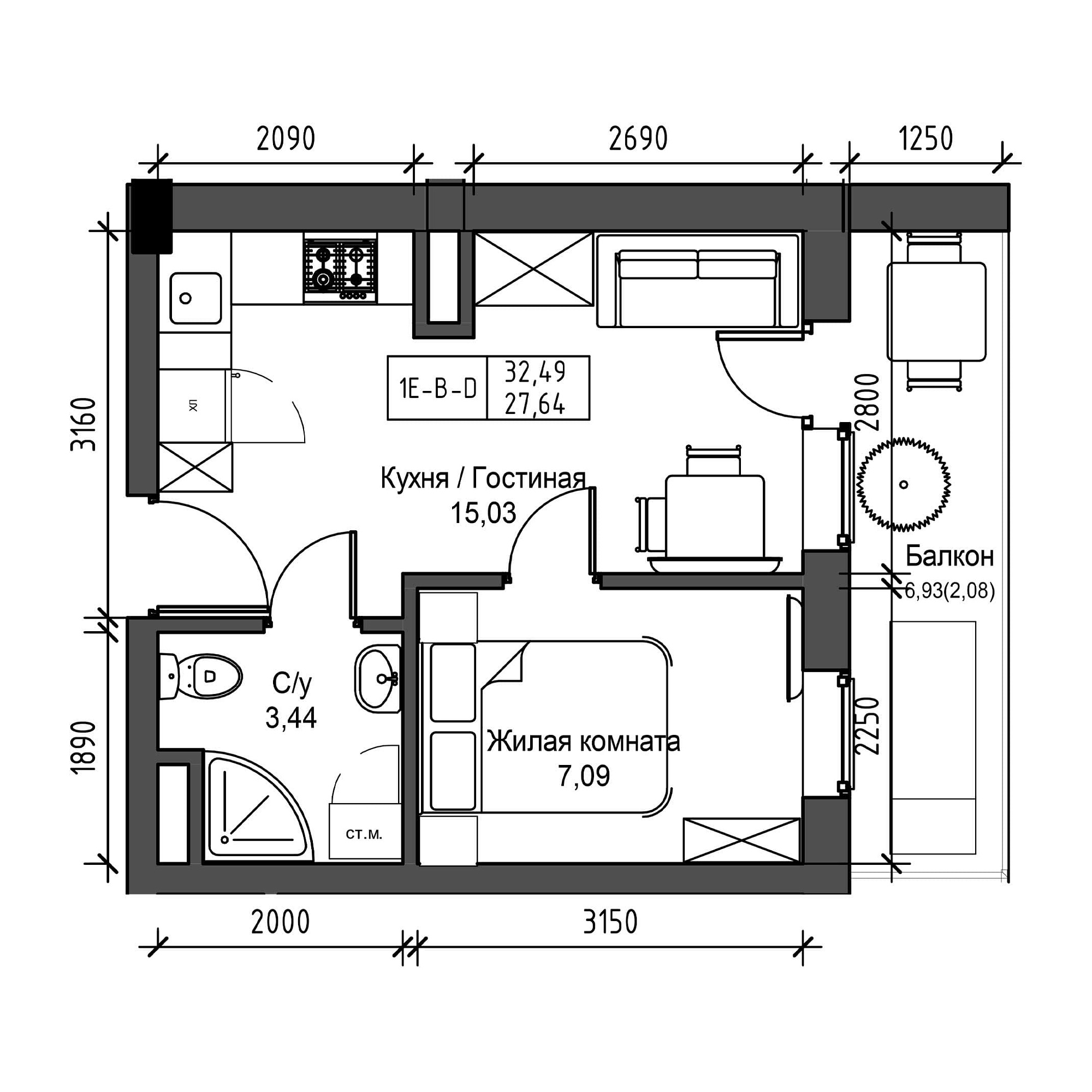 Planning 1-rm flats area 27.64m2, UM-001-04/0001.