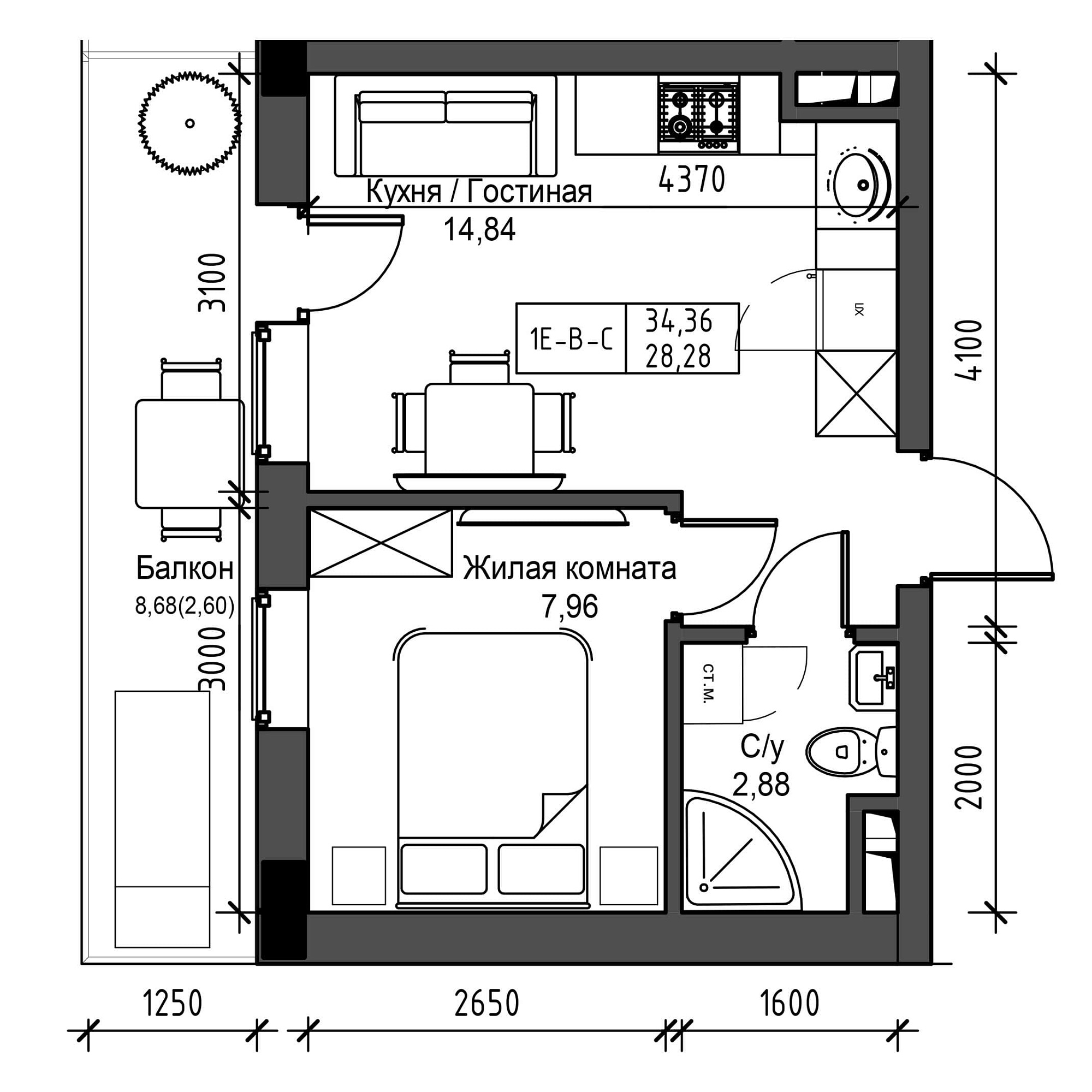 Планування 1-к квартира площею 28.28м2, UM-001-06/0014.