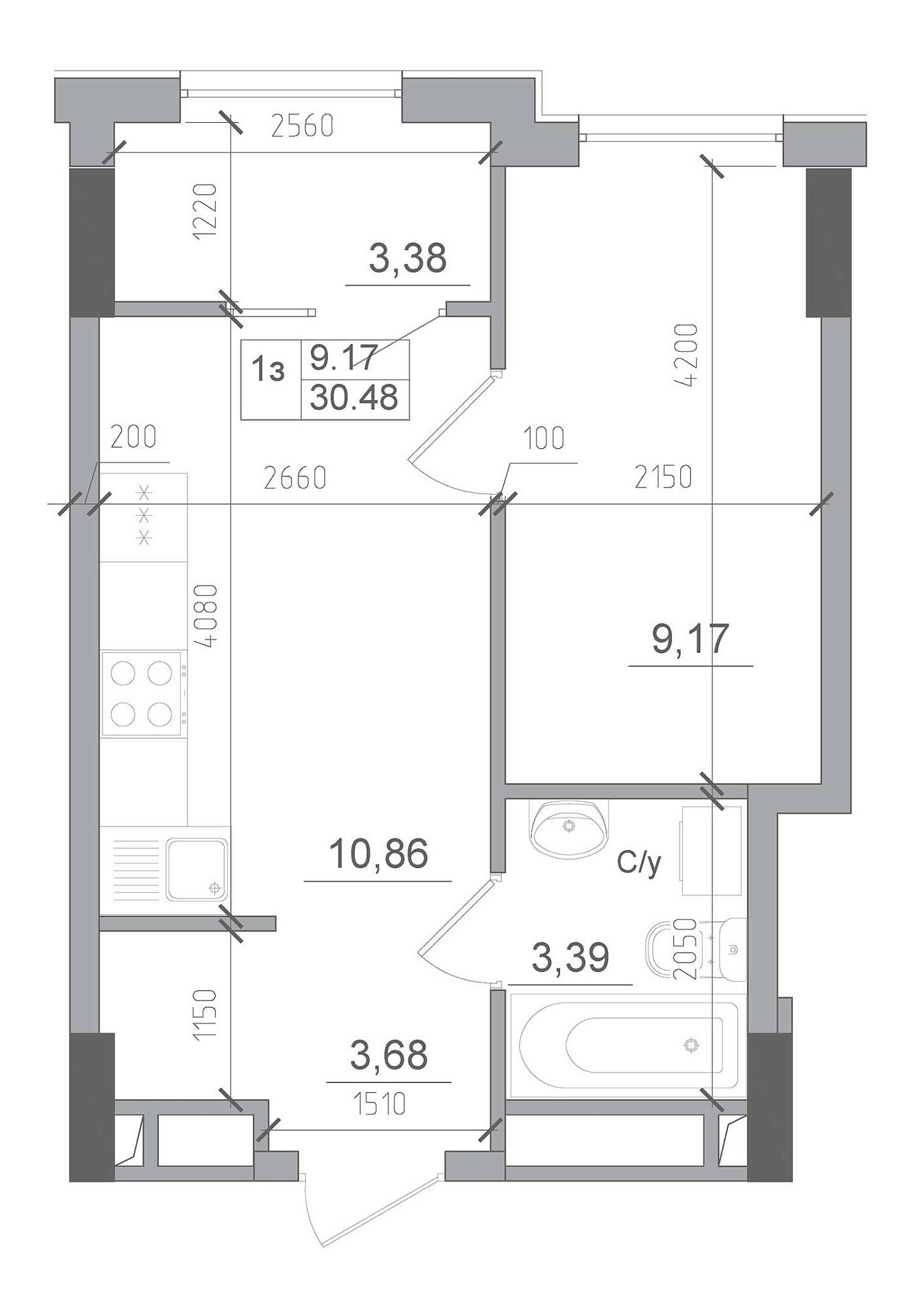 Планування 1-к квартира площею 30.48м2, AB-22-04/00013.