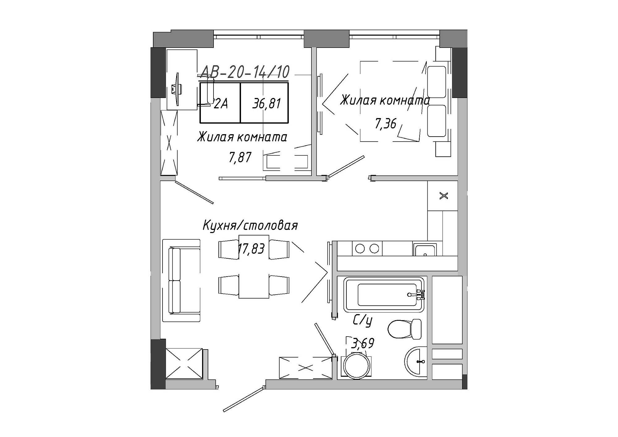 Планування 2-к квартира площею 36.81м2, AB-20-14/00110.