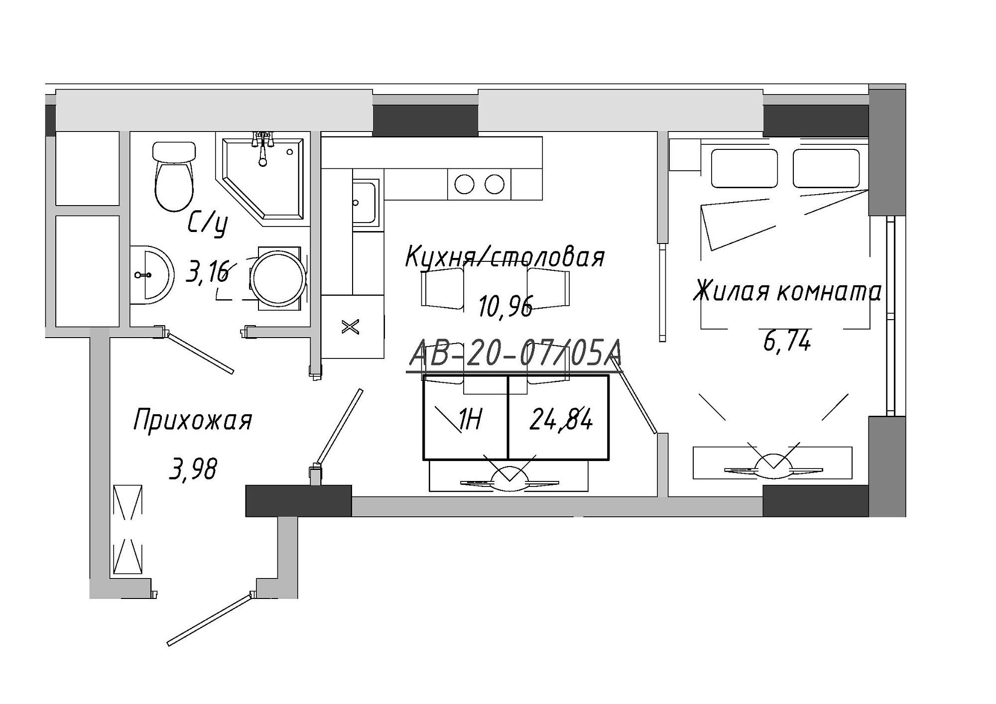 Планування 1-к квартира площею 24.41м2, AB-20-07/0005а.