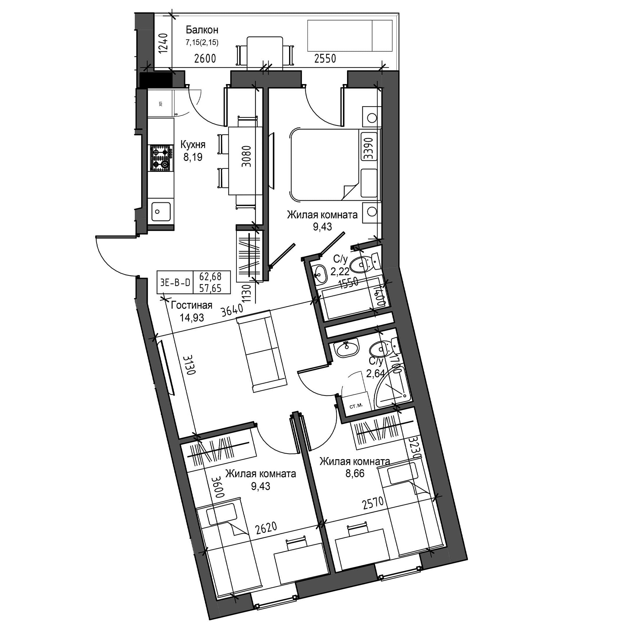 Планировка 3-к квартира площей 57.65м2, UM-001-04/0006.