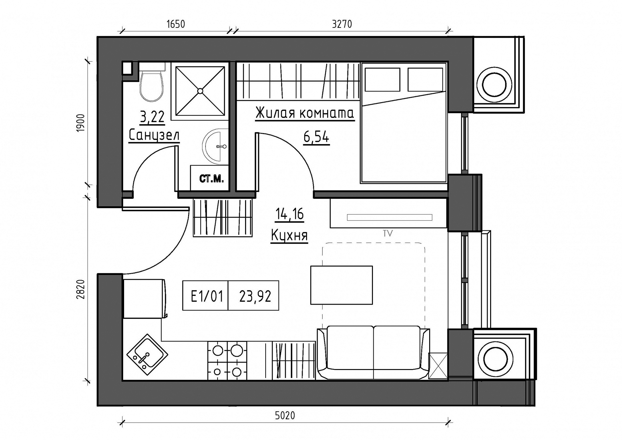Планування 1-к квартира площею 23.92м2, KS-011-05/0004.