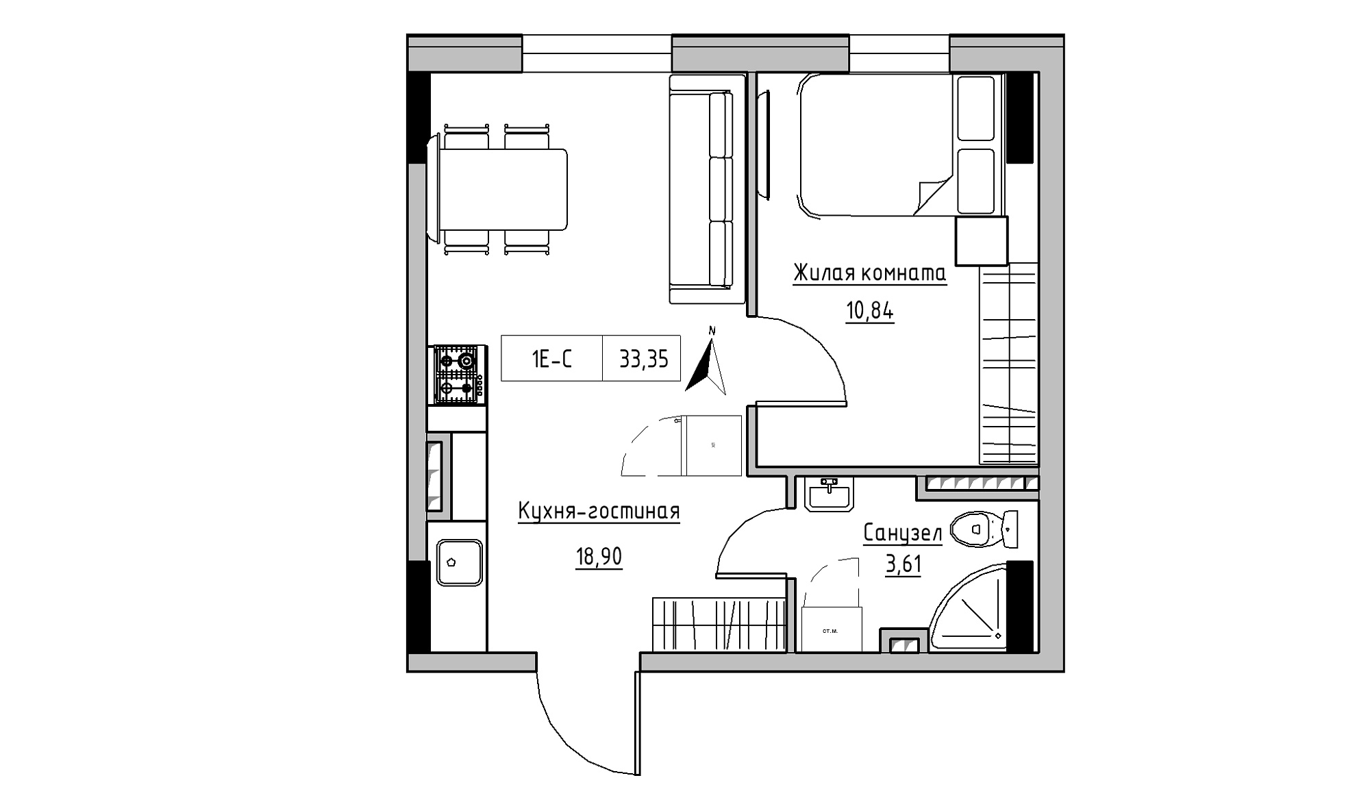 Планировка 1-к квартира площей 33.35м2, KS-025-02/0010.