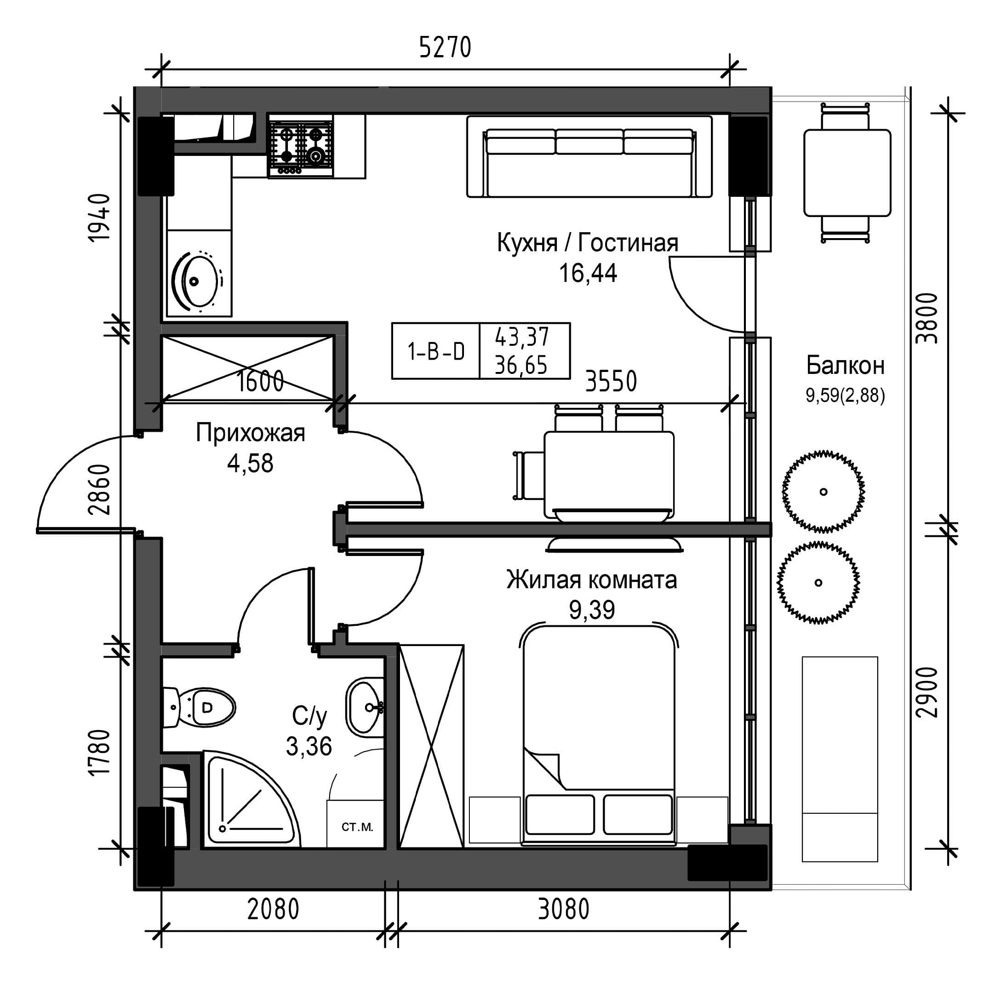Планування 1-к квартира площею 36.65м2, UM-001-08/0002.