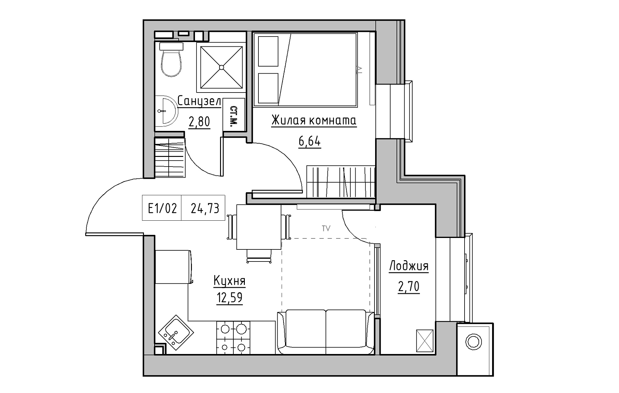 Planning 1-rm flats area 24.73m2, KS-013-01/0001.